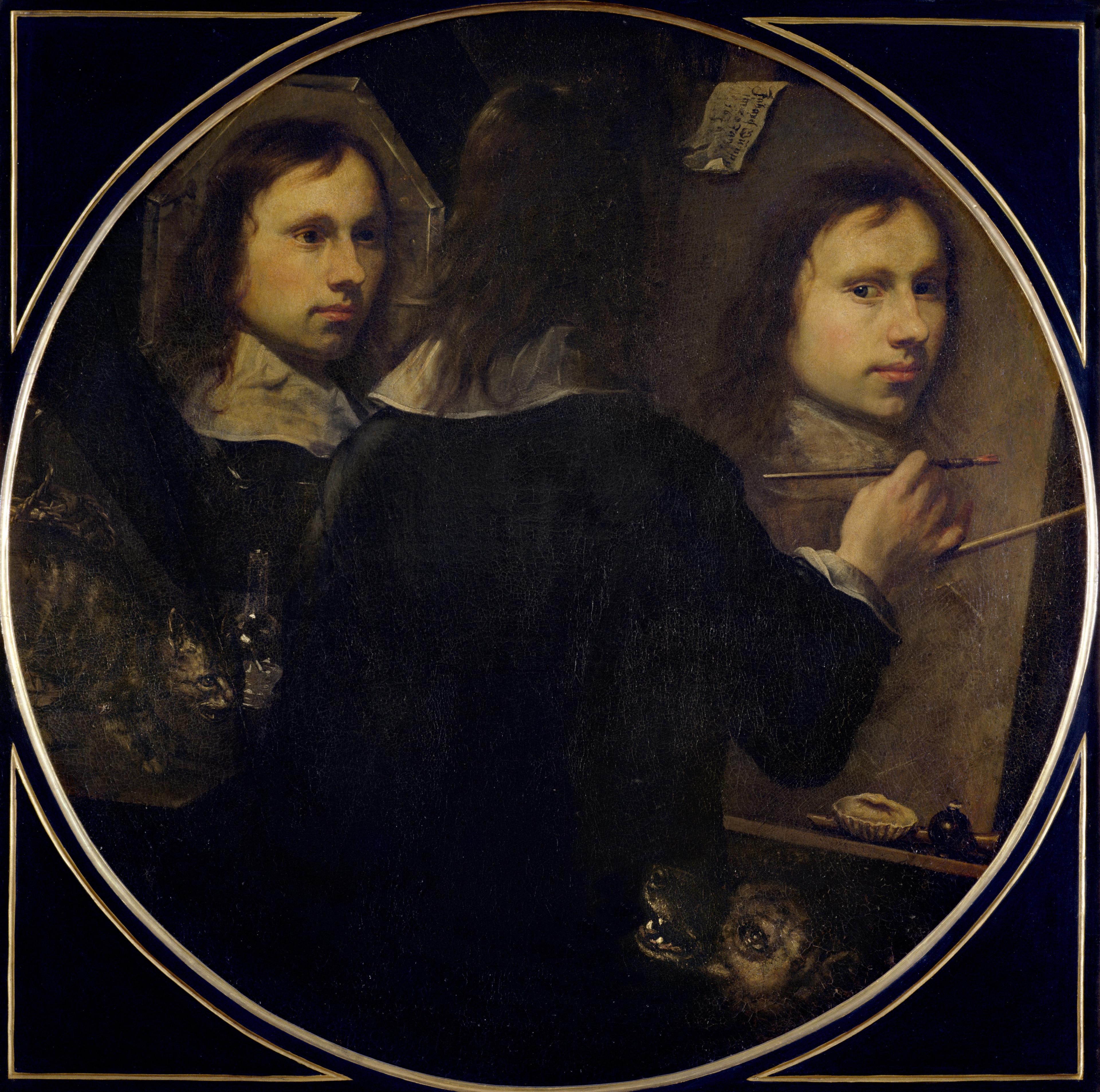 Painting of an artist from the back as he paints a self-portrait. His face is reflected in a mirror to his left and is also depicted on the canvas in front of him.