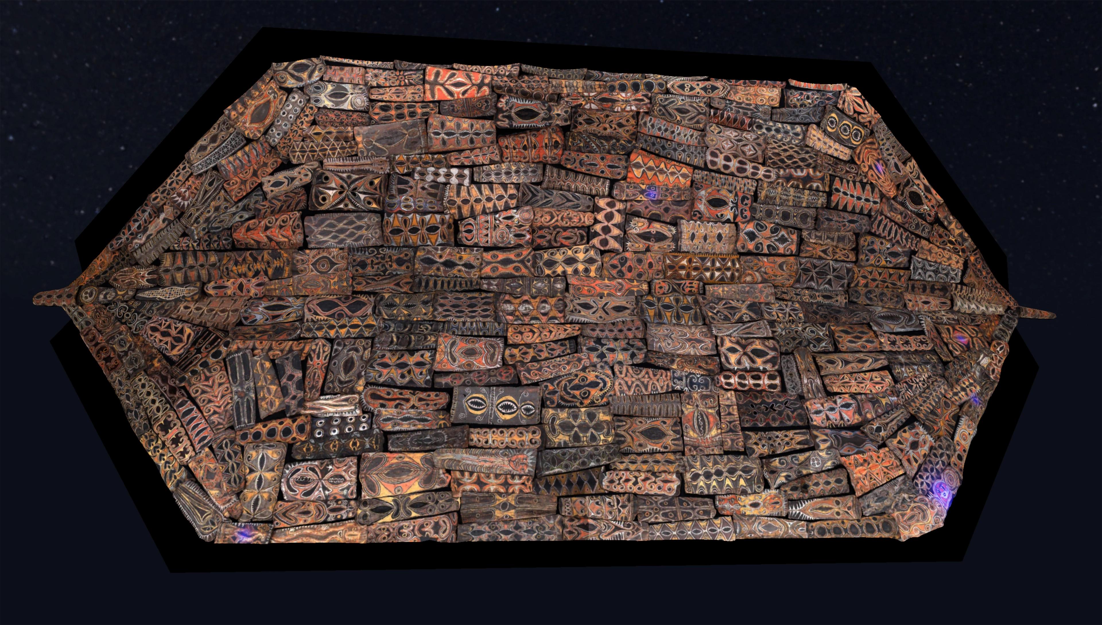 Multicolored, patterned, and overlapping panels arranged in a trapezoidal shape.