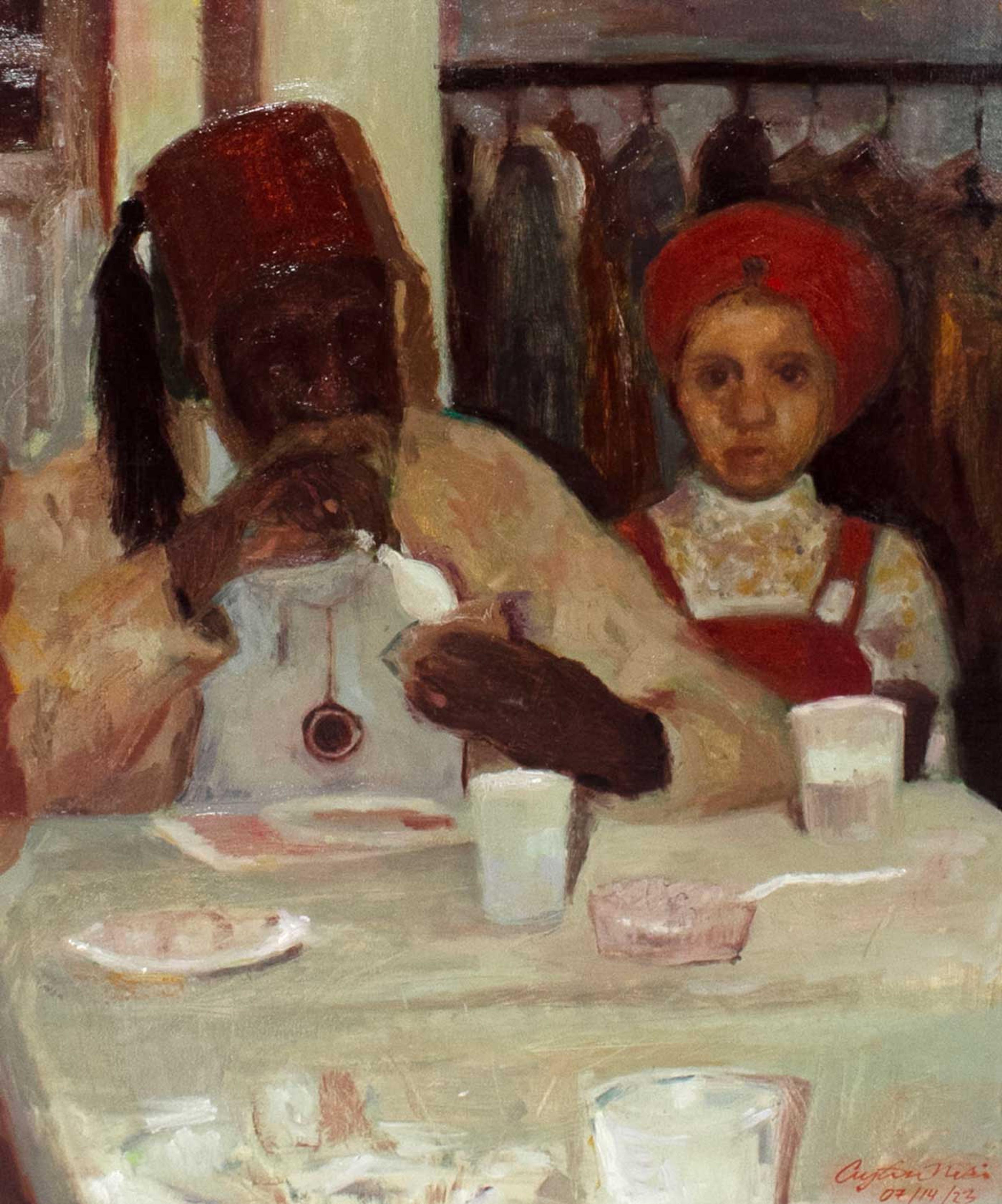 Oil painting of a adult man wearing a red fez with a black tassel, seated at left behind a white table cloth. A young child stands behind him to the right, wearing a red turban and red overalls over a white shirt. The man wears a tan robe and is eating food with a white spoon from a container held in his left hand. A few drinking glasses and small plates sit on the table. An open closet behind the child is lined with coats hanging from a rack. 
