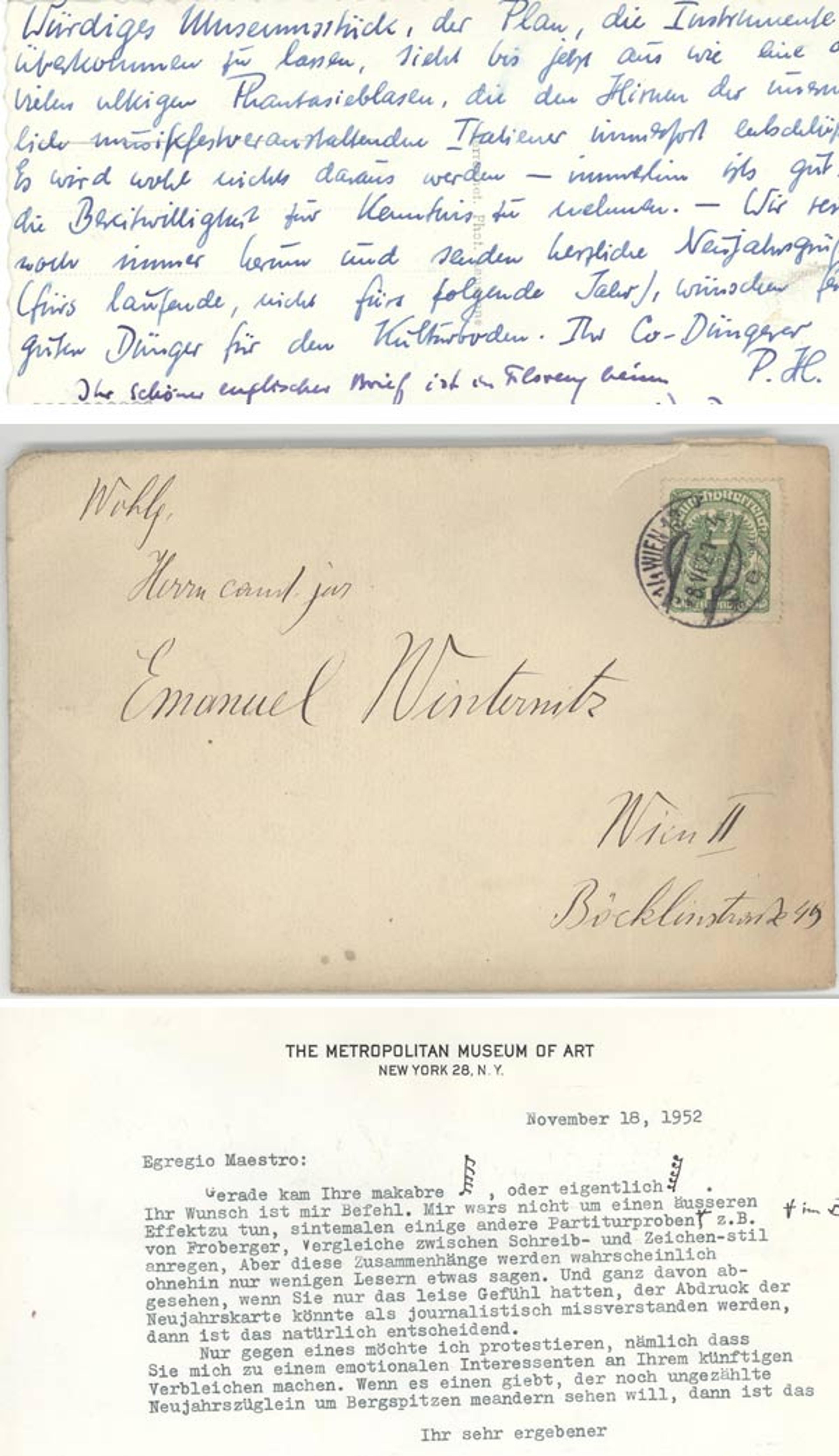 Correspondence between Winternitz and his lifelong friend, the conductor Paul Hindemith. Winternitz often wrote in German or Italian, and sometimes in French, as well as in English, and often mixed languages in one letter.