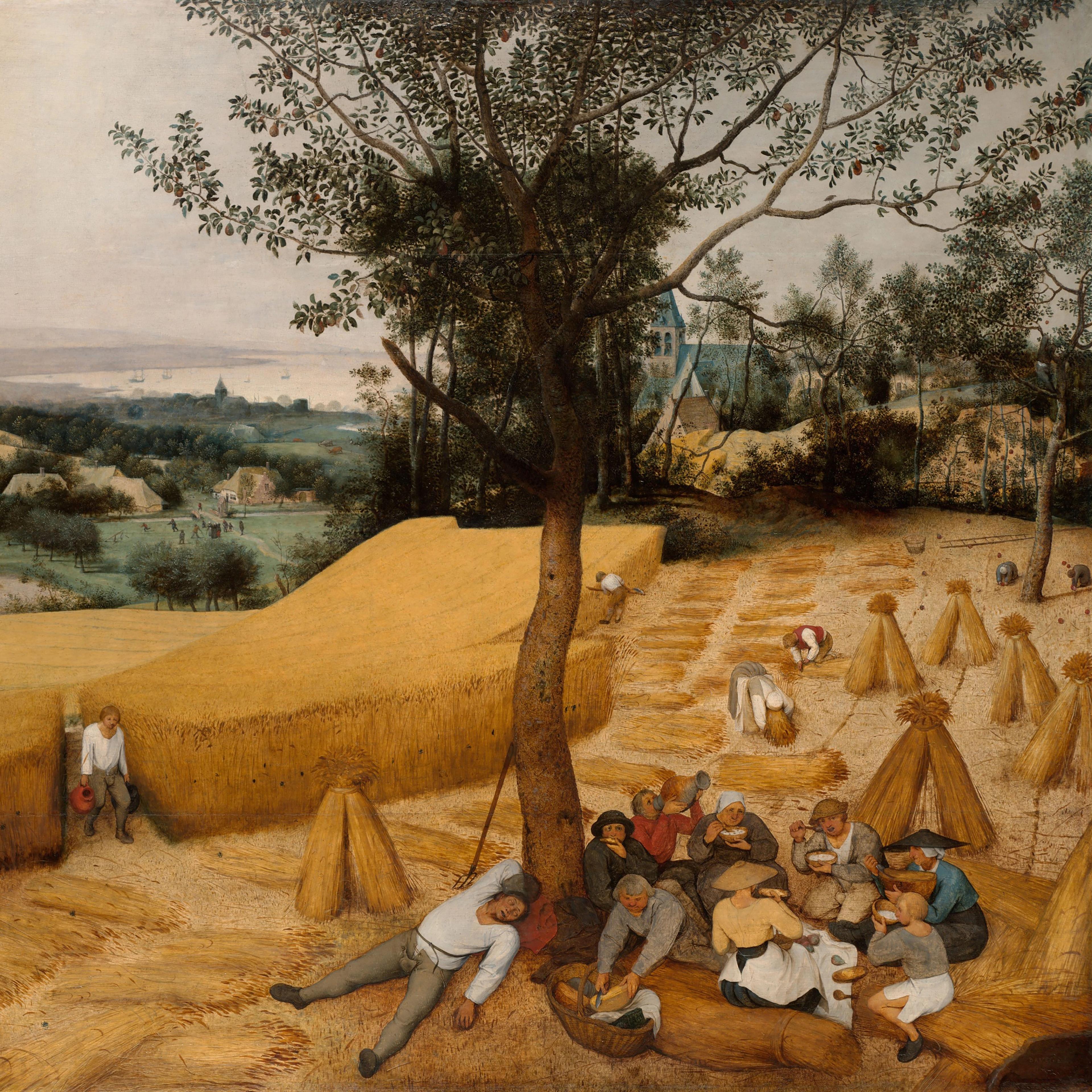 Landscape painting of harvesters cutting wheat and resting under a tree, with golden fields stretching toward a distant village and sea.