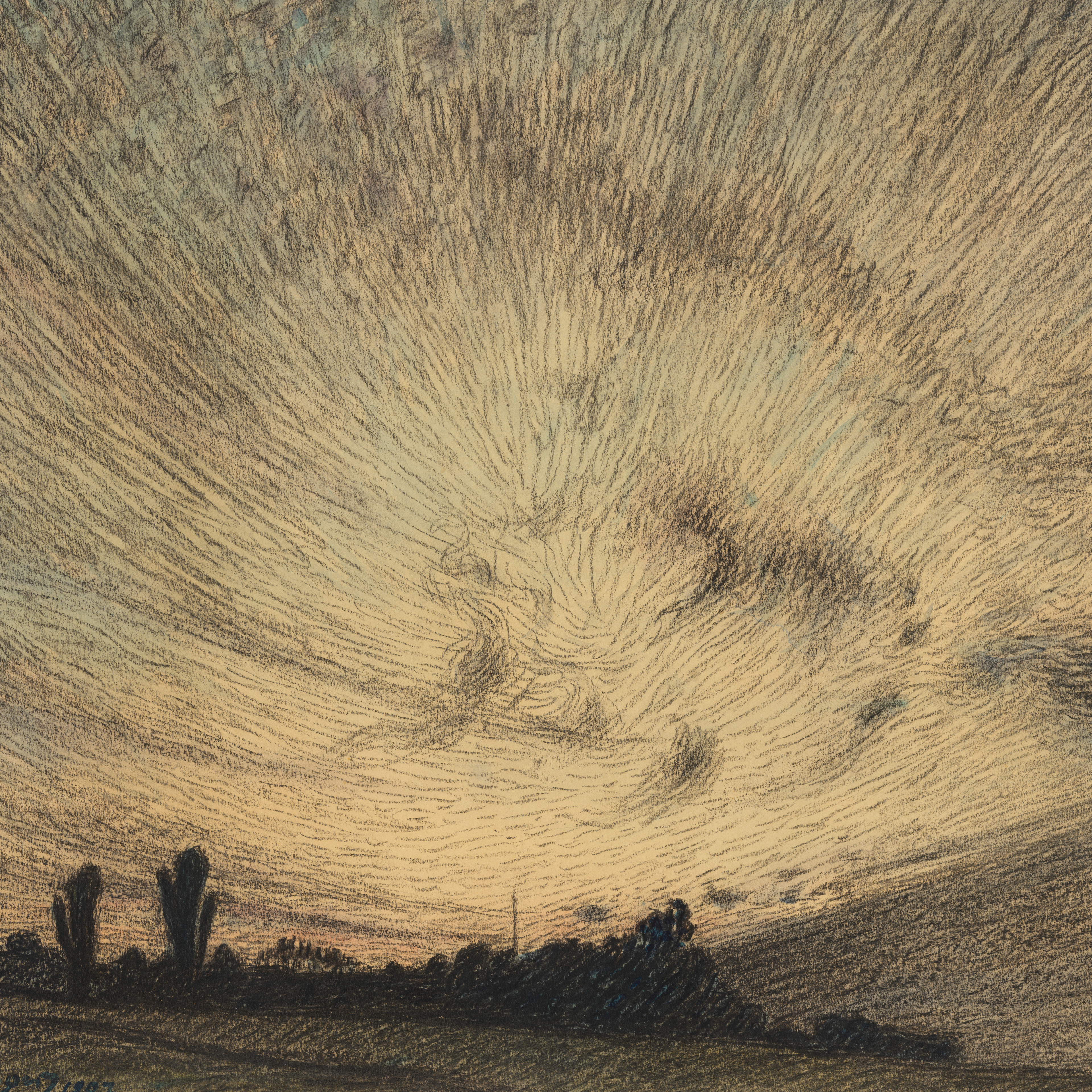 A sketched landscape shows a dramatic sky filled with swirling clouds at sunrise or sunset, above a silhouette of trees and flat terrain.