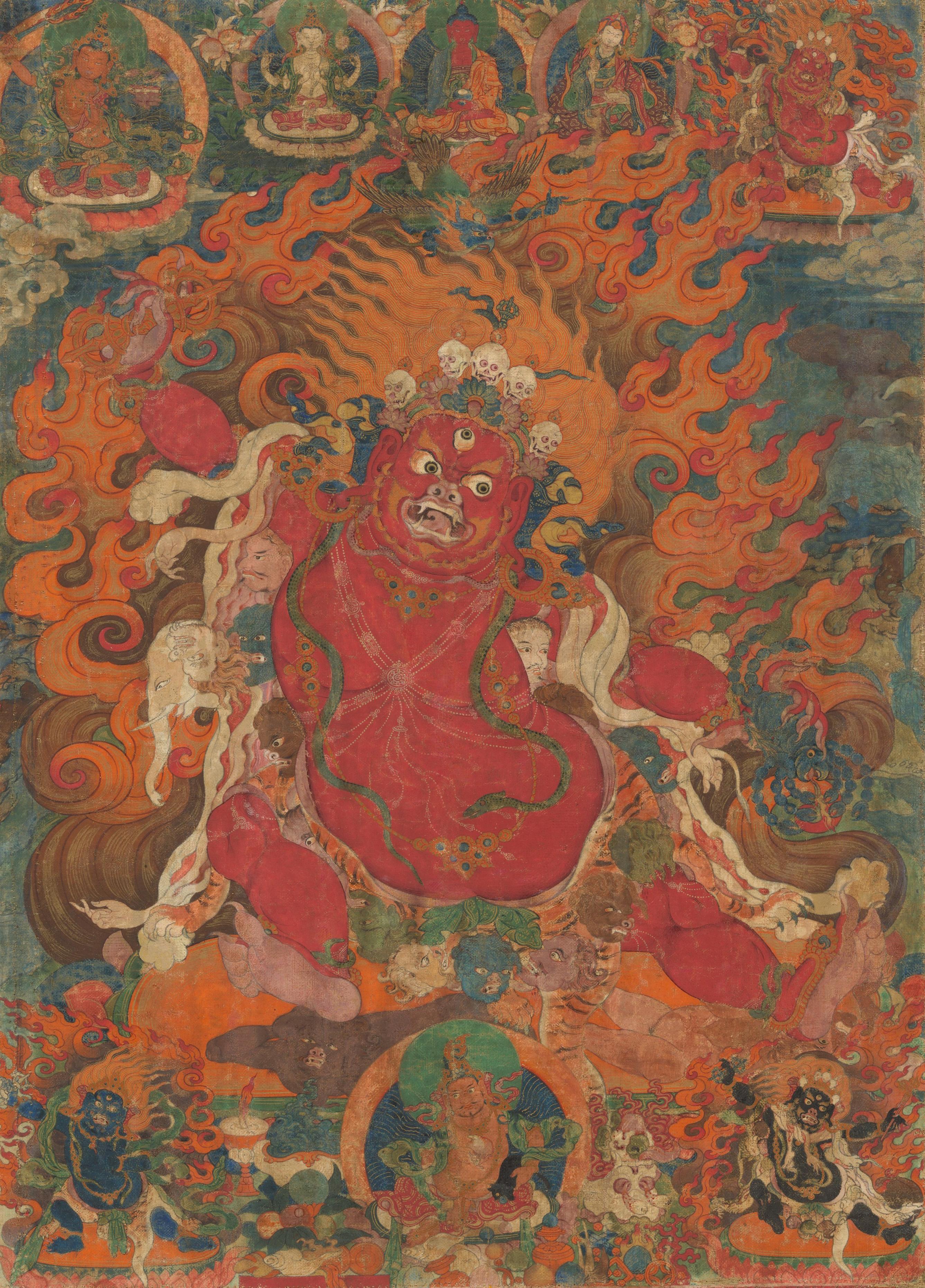 Painting of a fierce, red deity with bulging eyes and bared teeth, surrounded by swirling flames.