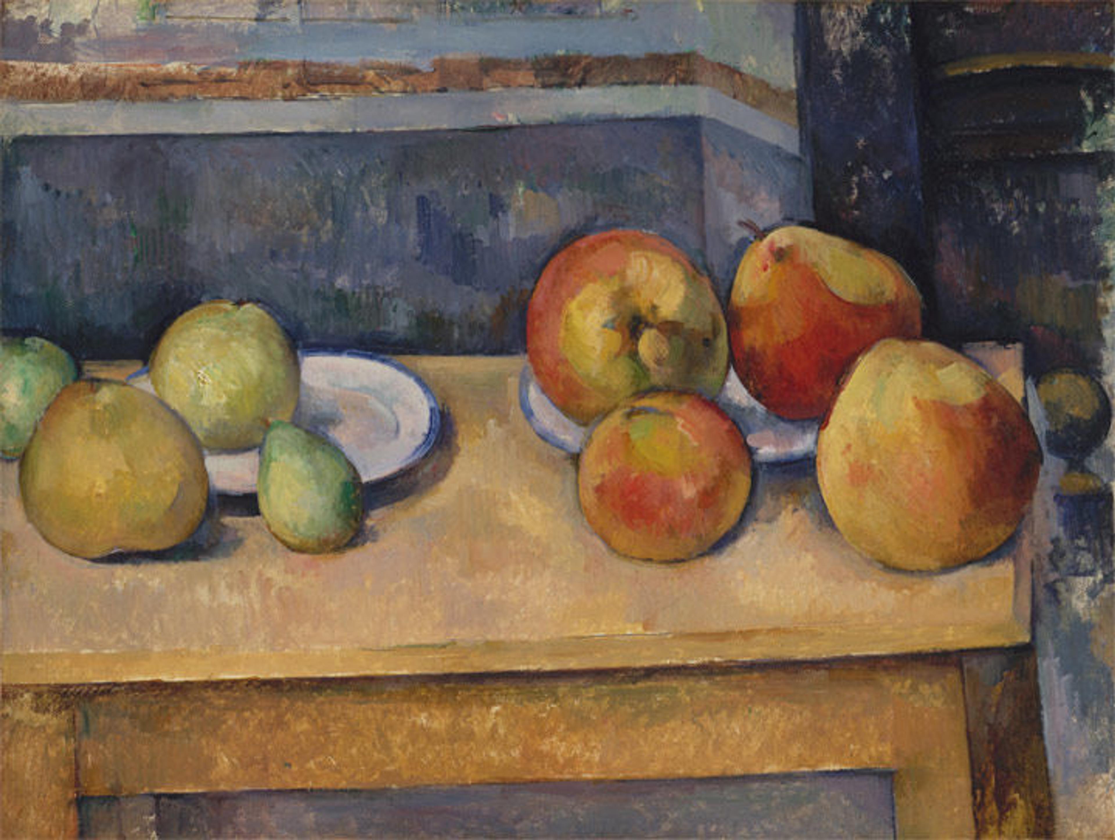 An oil still life painting of apples and pears on a table. 
