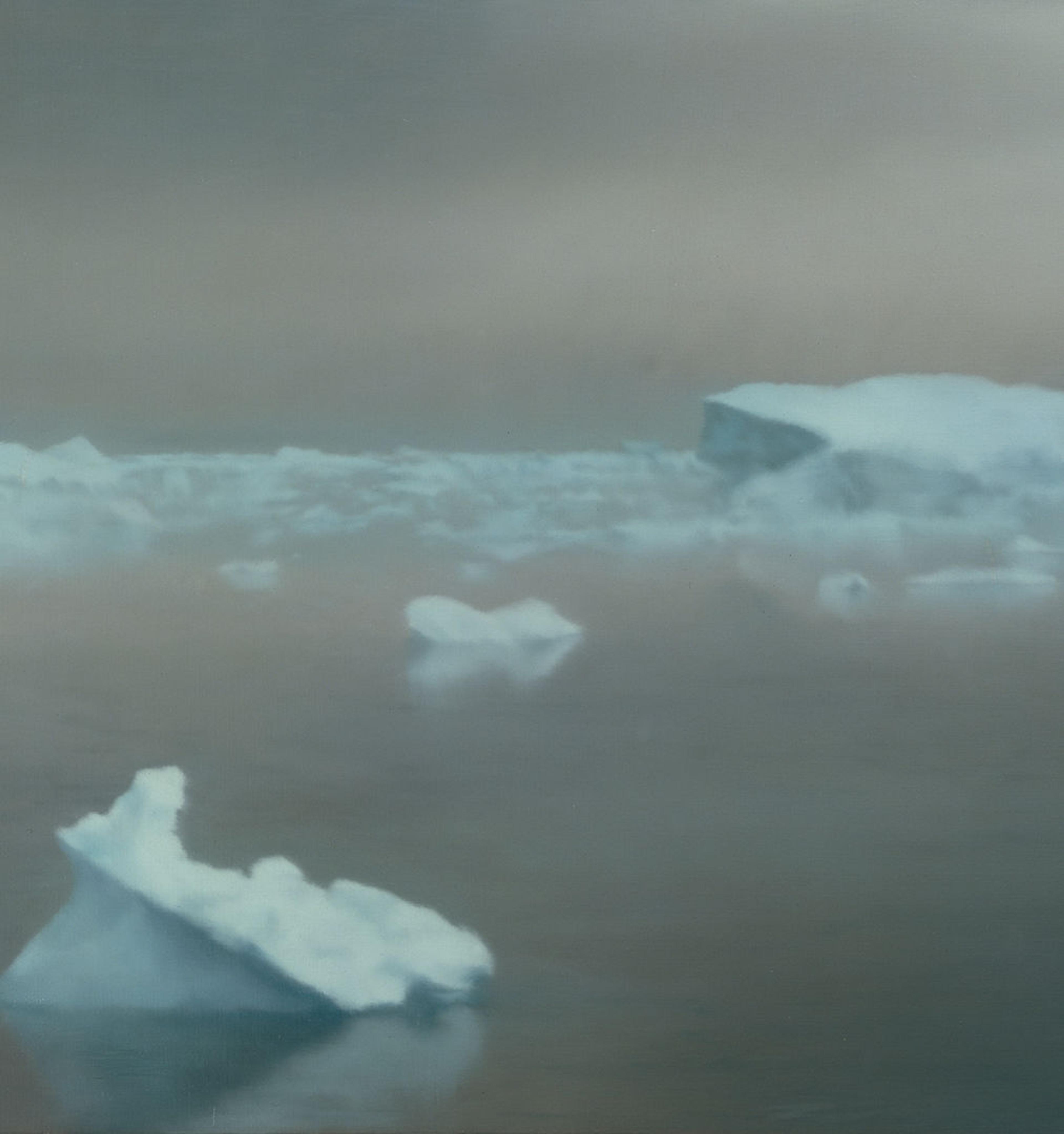 A cool, blue and white painting of several iceburgs