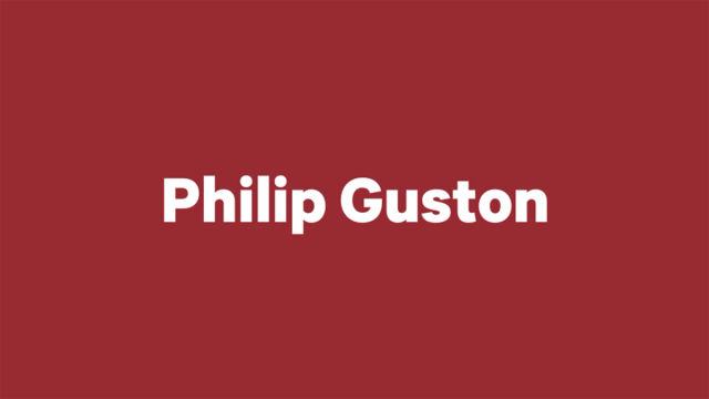 A dark red banner with the words Philip Guston printed in the center of the image in a bold white font.