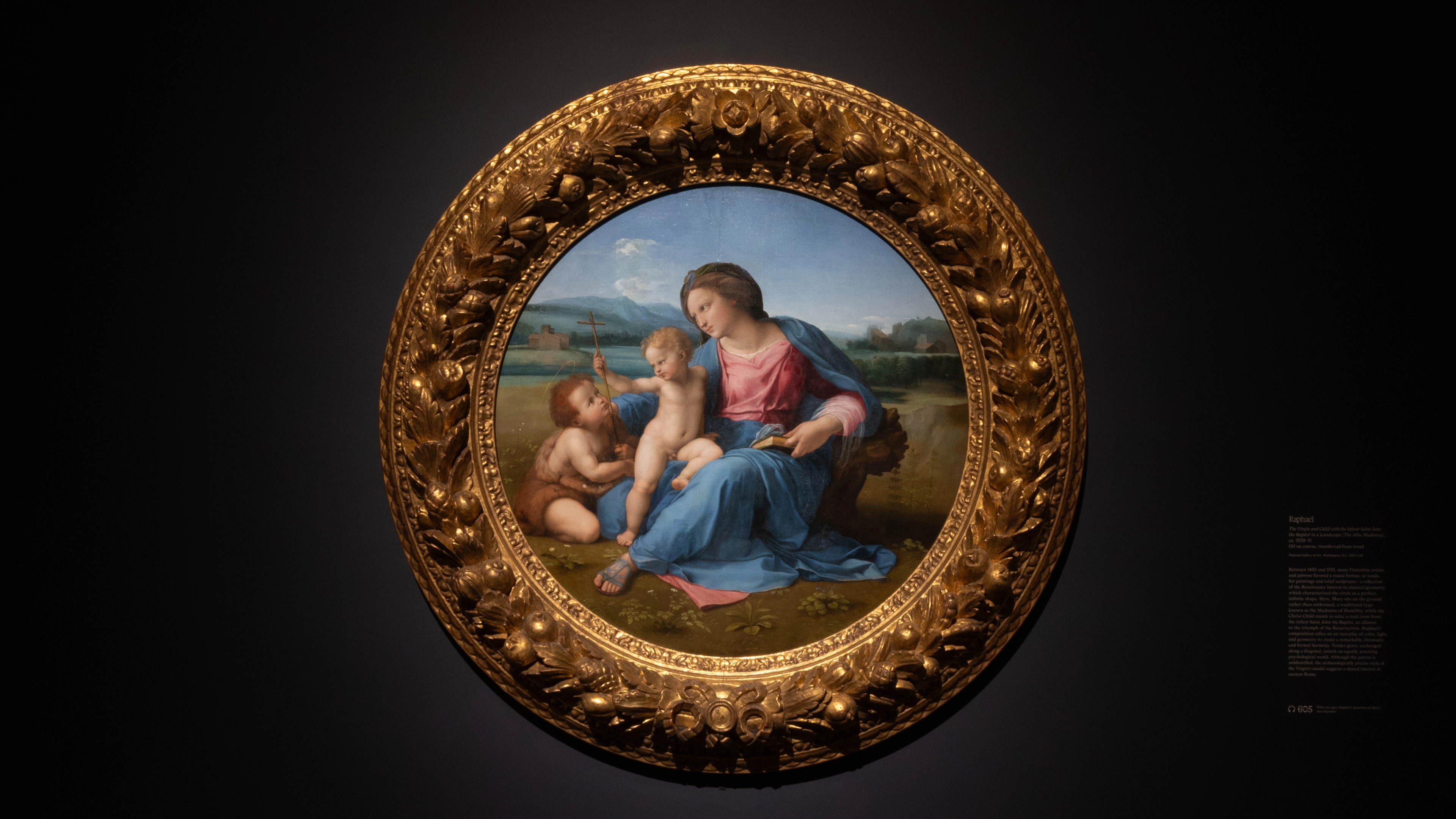 Raphael (Raffaello di Giovanni Santi), The Virgin and Child with Infant Saint John the Baptist in a Landscape (The Alba Madonna), ca. 1509–11. Oil on canvas (transferred from wood). National Gallery of Art, Washington, D.C., Andrew W. Mellon Collection 1937.1.24