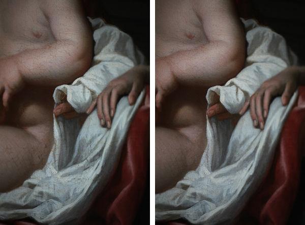 Before and after images of white drapery around baby Heinrich