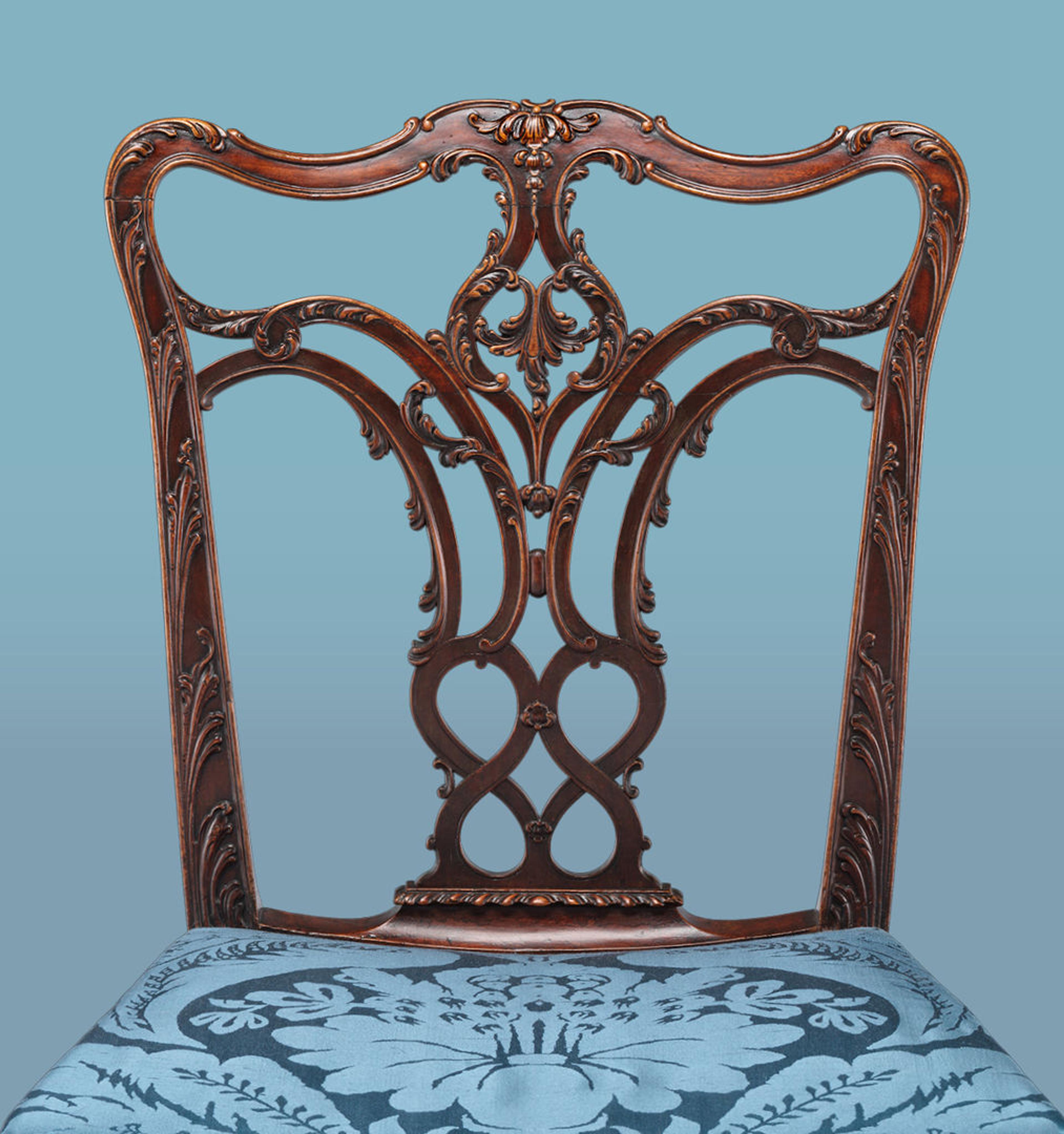 Detail view of a chair inspired by Thomas Chippendale's designs