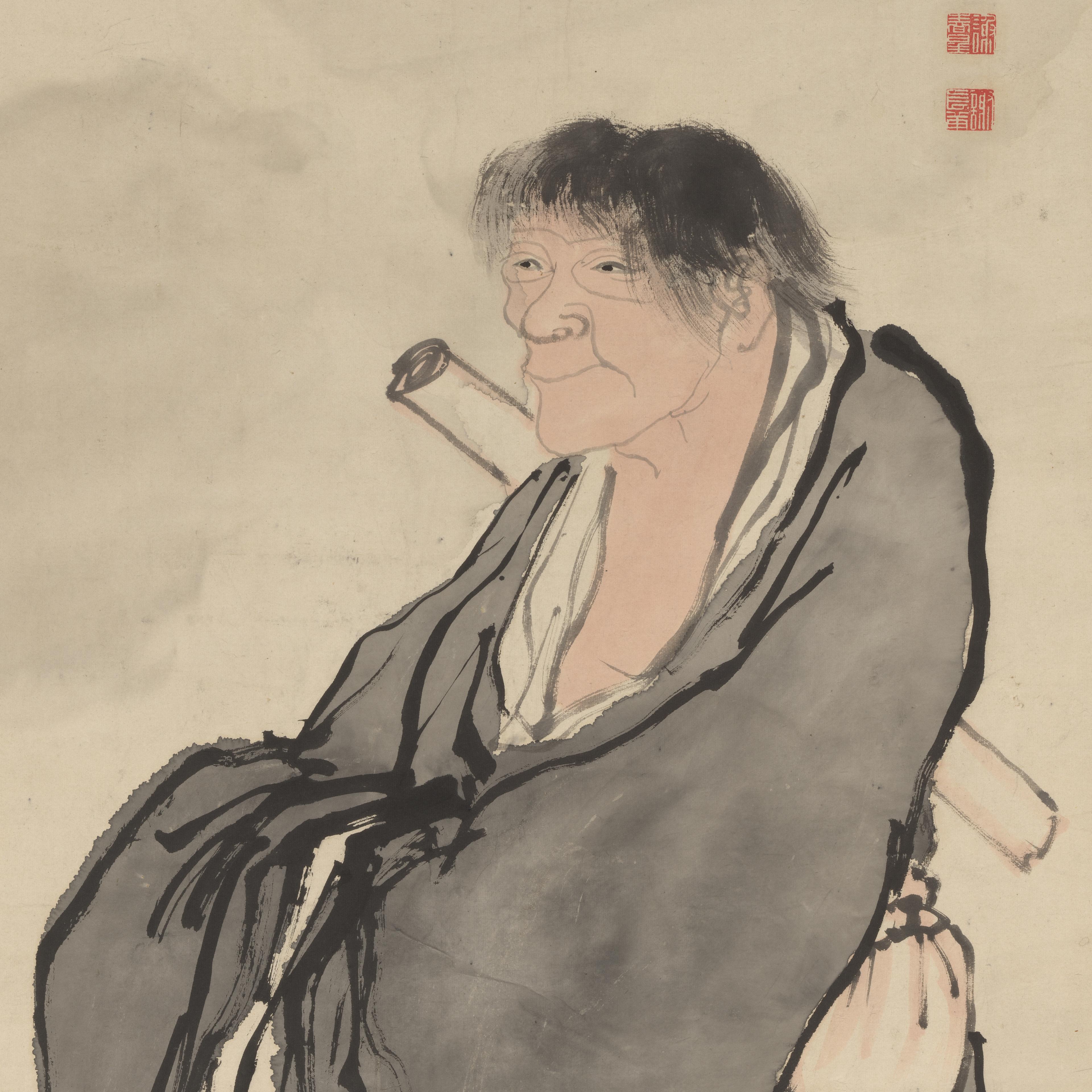 Paining of an older gentleman, sitting in a chair, with a scroll under his garment.