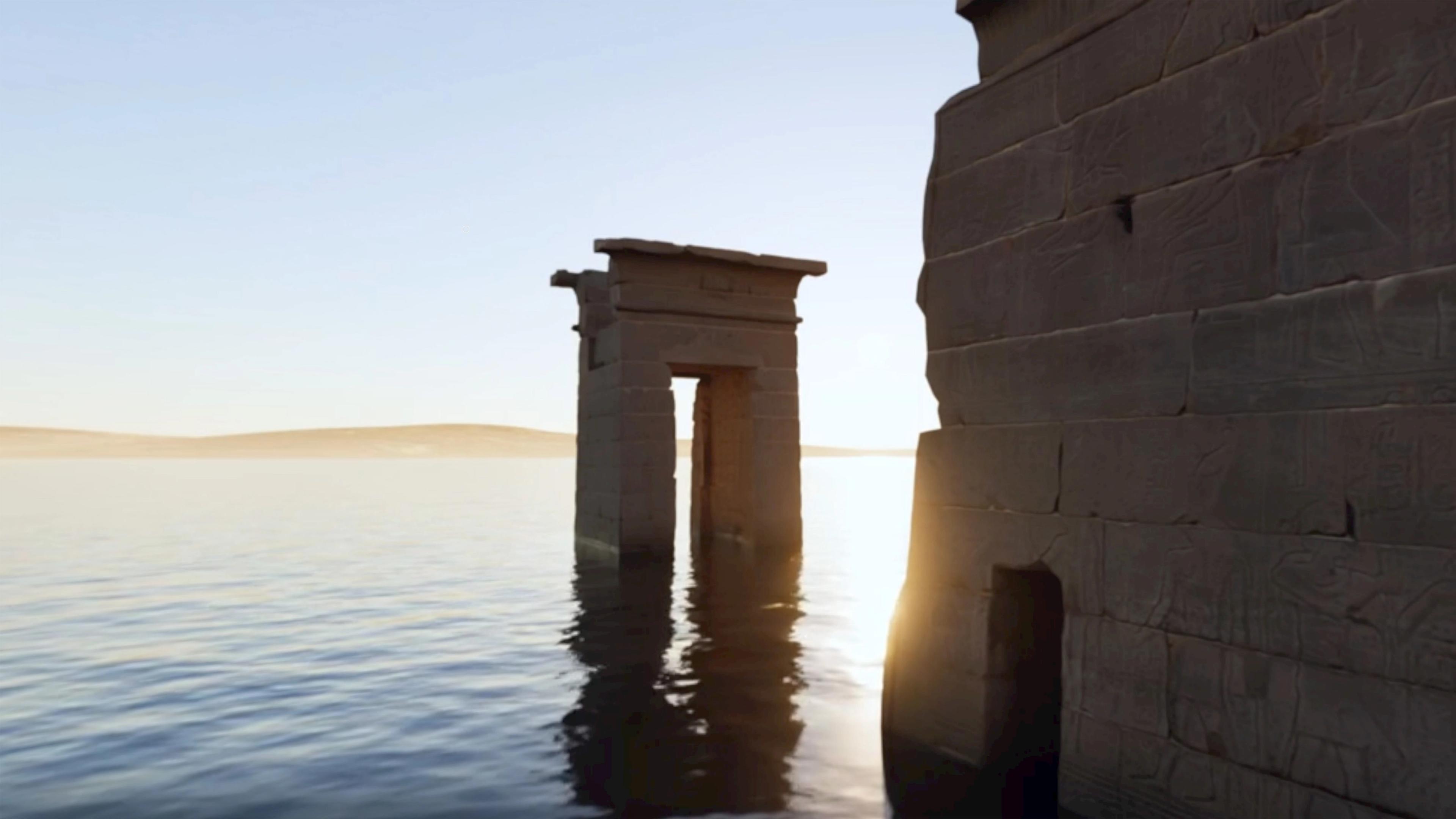 Backlit Temple of Dendur with water gently lapping at its base.