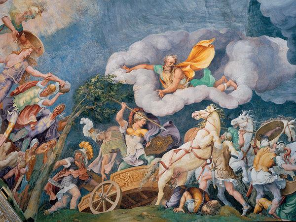 Detail of Diomedes Fighting Igeus and Phlegeus | After designs by Giulio Romano, 1536–40 | Sala di Troia, Palazzo Te, Mantua