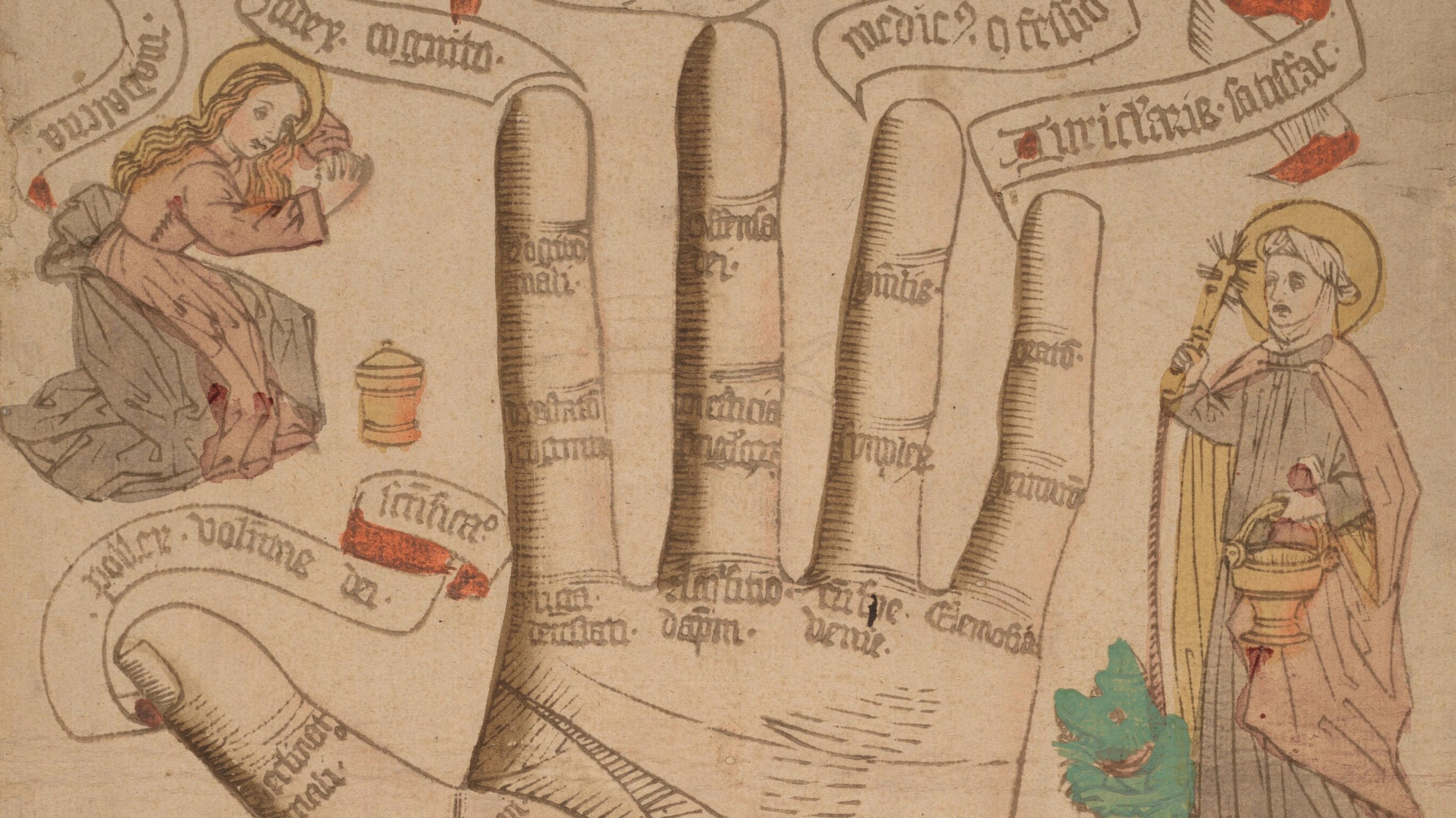 Manuscript page with a labeled hand diagram, flanked by scrolls, two religious figures, and Latin text.