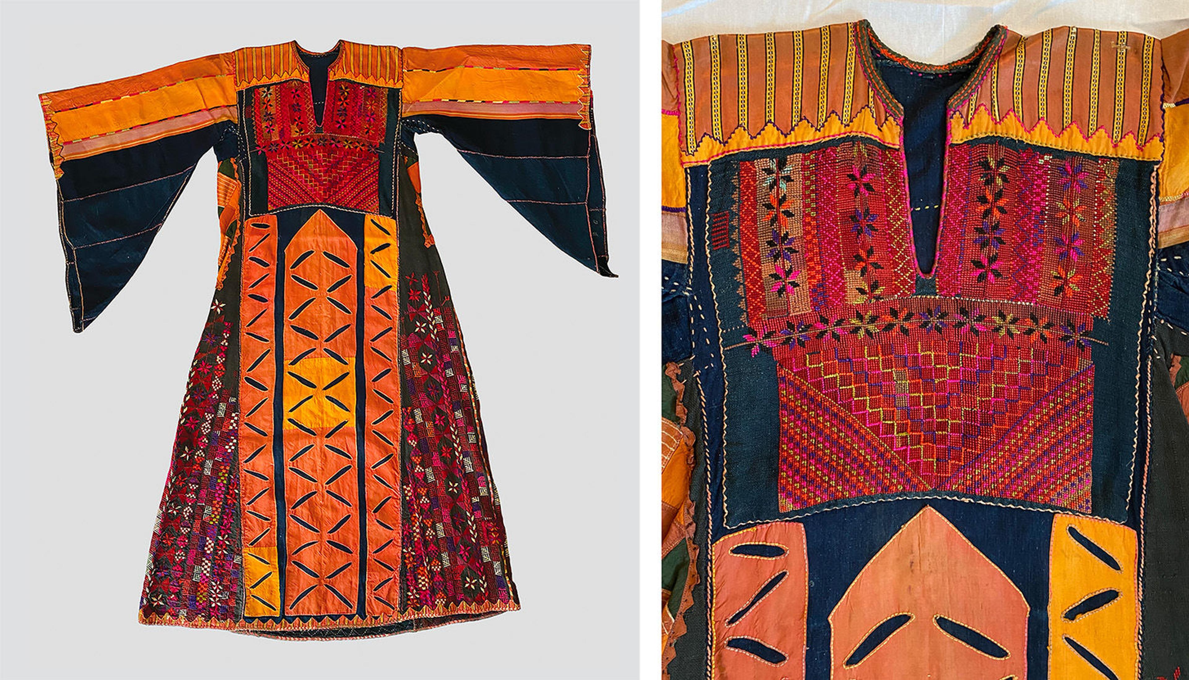 Two images of an orange, black, and red throbe. Intricate embroidery accents the lower left, lower right, and chest panels.