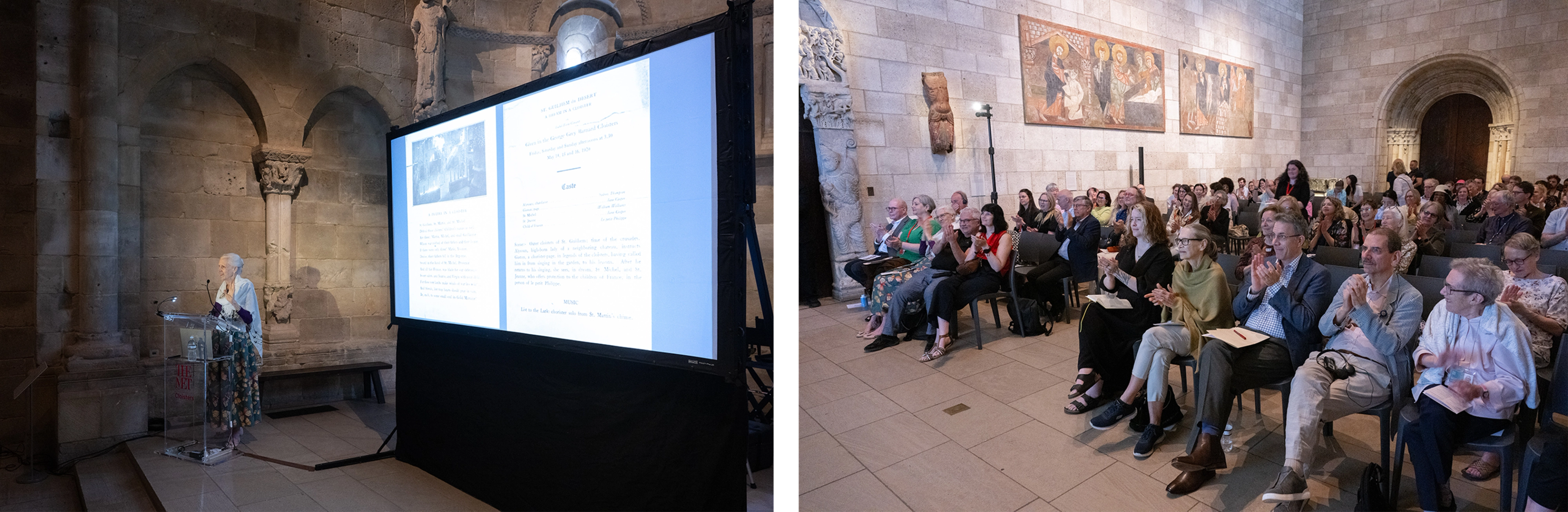 Presenter and audience in a Met Cloisters gallery.