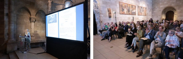 Presenter and audience in a Met Cloisters gallery.