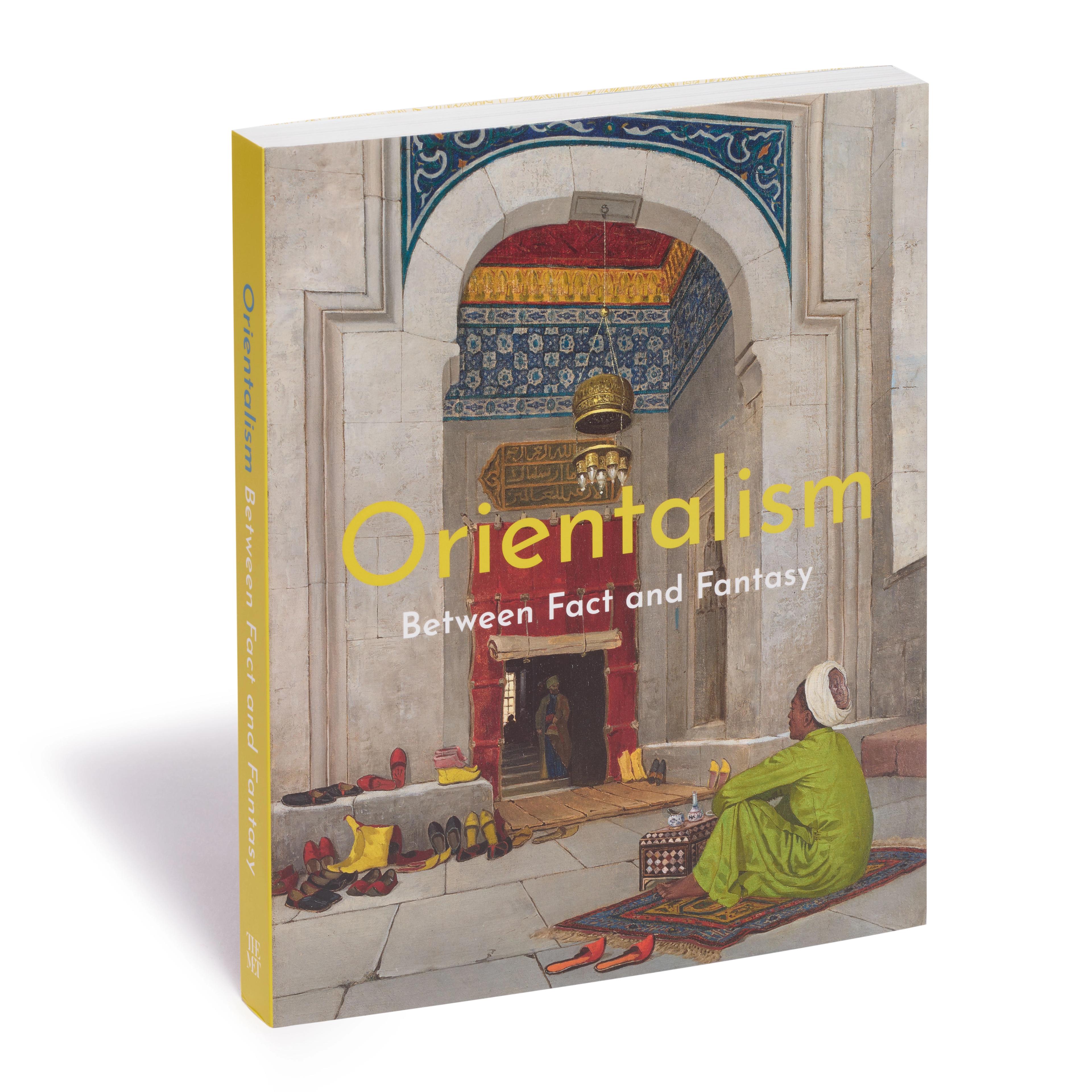 Cover of the book "Orientalism: Between Fact and Fantasy" featuring an illustration of an ornate archway, vibrant colors, and a seated figure.