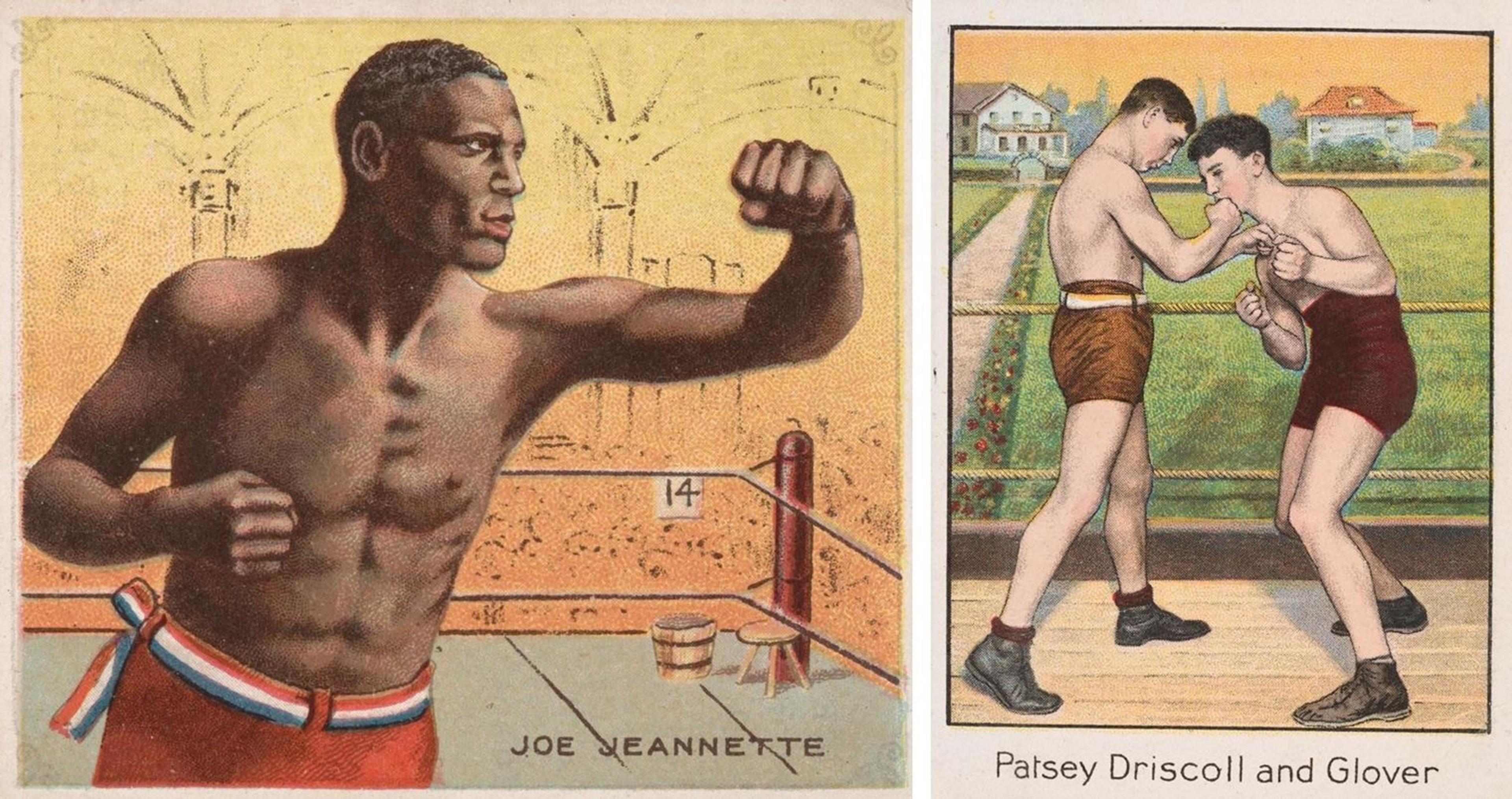 Two boxing cards from 1910, one depicting Joe Jeannette, and another depicting a fight between Patsey Driscoll and Glover