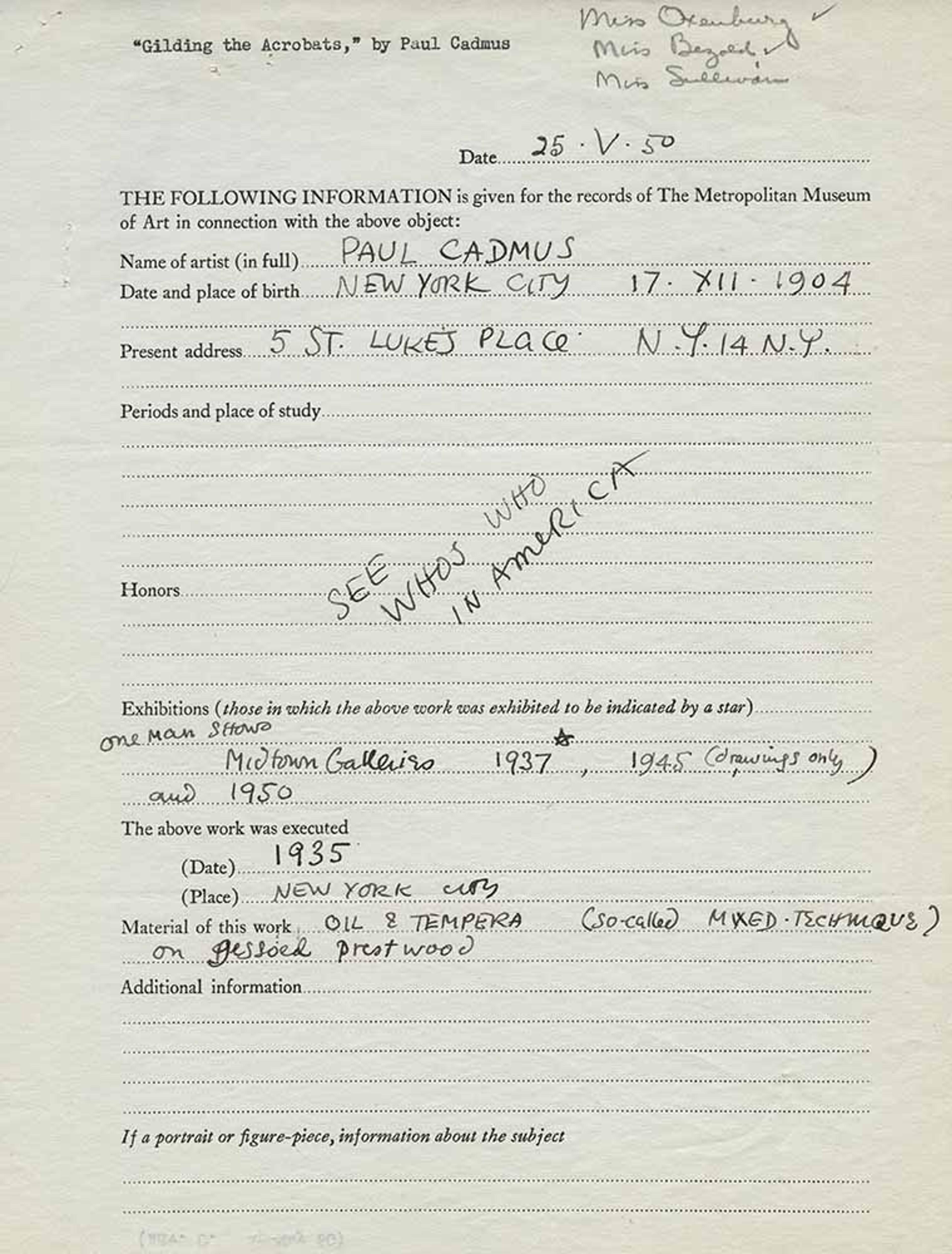 An intake form filled out by artist Paul Cadmus