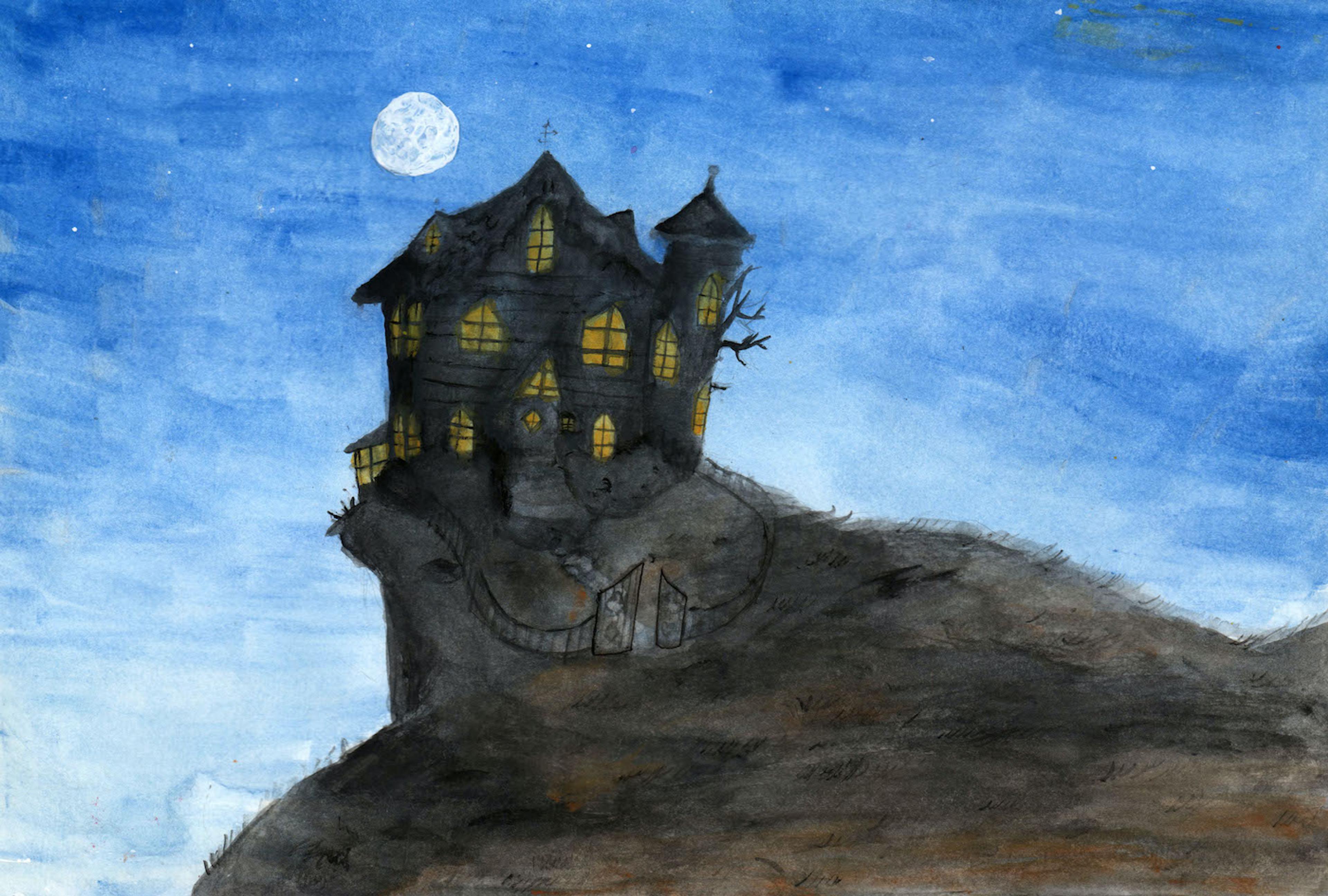Watercolor painting of a dark, black mansion perched on the edge of a cliff atop a dark gray hill at night, under a dark blue sky and pale moon. The house is three storeys tall and filled with windows emitting yellow light. A wide semi- circular fence with a large, open front gate surrounds the house.