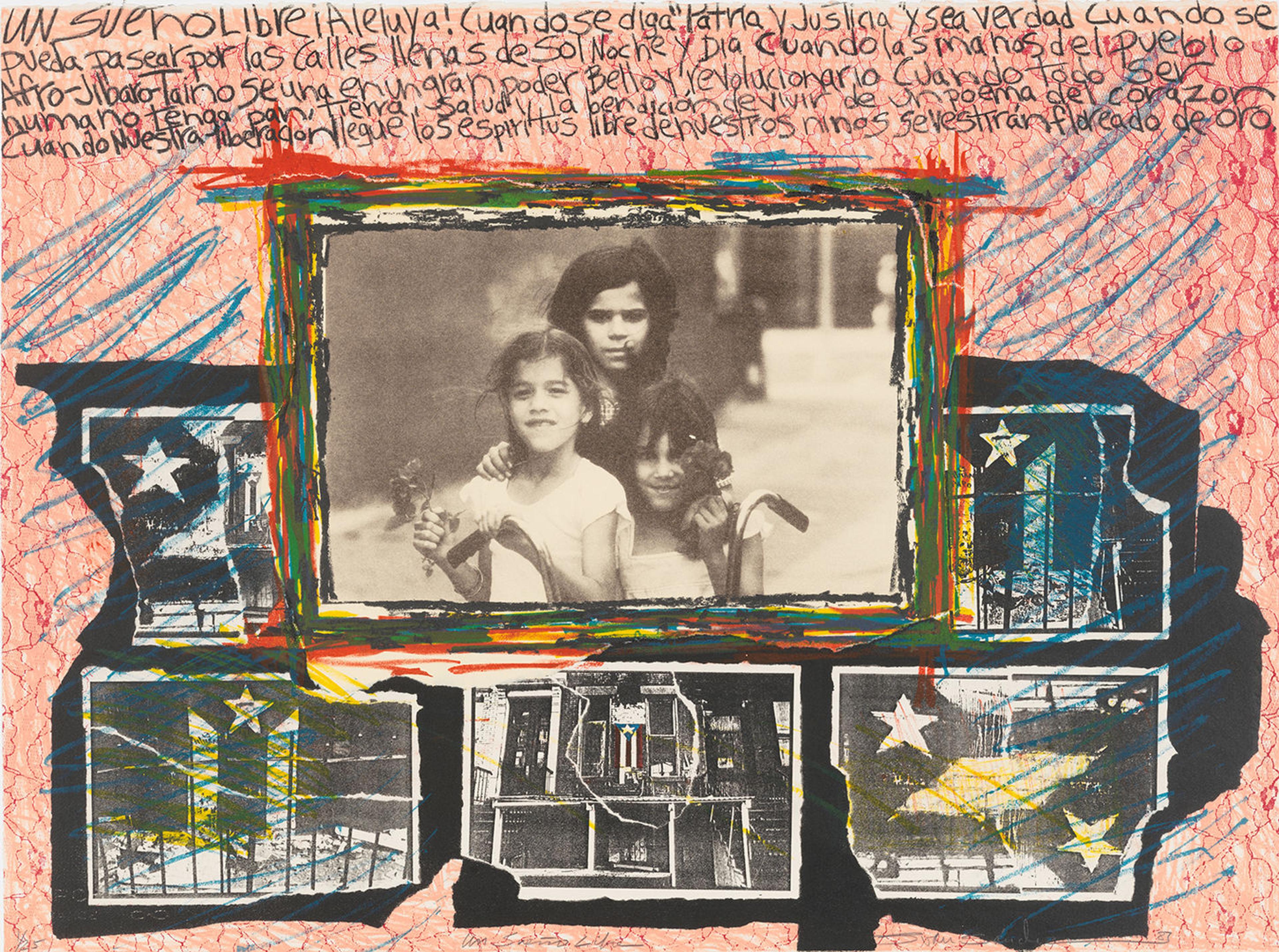 Mixed-media collage. A black-and-white photograph of three girls at the center is surrounded on the left, right, and bottom sides with different prints of the Puerto Rican flag. Handwriting in Spanish marks the top of the collage.