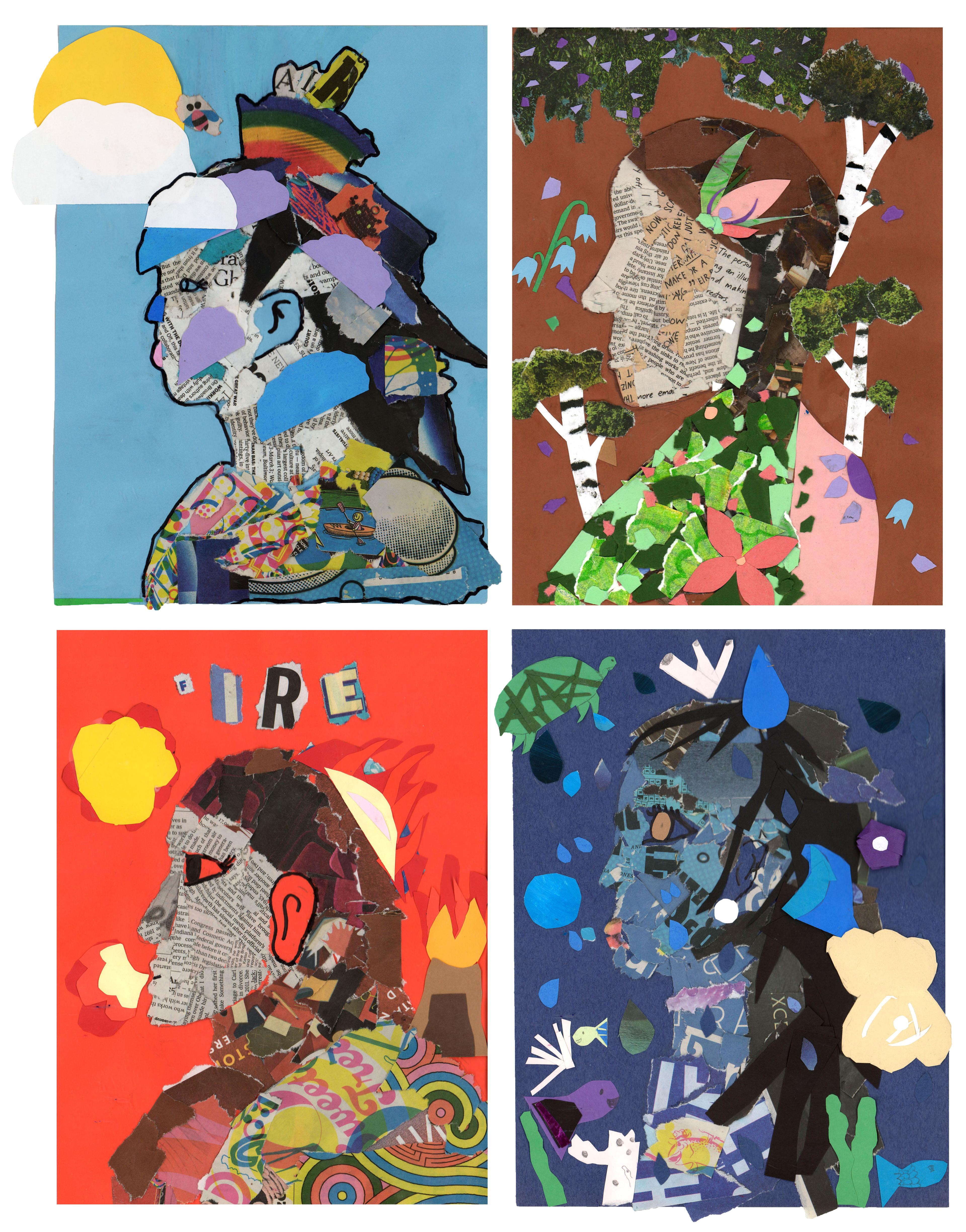 Collage of four rectangular, vertical portraits arranged in two rows, each representing one of four elements, clockwise from top left as air, earth, water, and fire. The face in each portrait faces left in profile and is collaged with paint, paper, and text.. The air portrait has a light blue background with a yellow sun peeking from behind a white cloud at top left. AIR is spelled above a rainbow on the top of the figure's head. The earth portrait has a brown background, surrounded by green trees with white trunks. The water portrait has a dark blue background, with a swimming green turtle at top left and a purple fish at bottom left. The fire portrait has a red background with yellow flames at top left and bottom right. FIRE is spelled out using letters cut out from magazines.