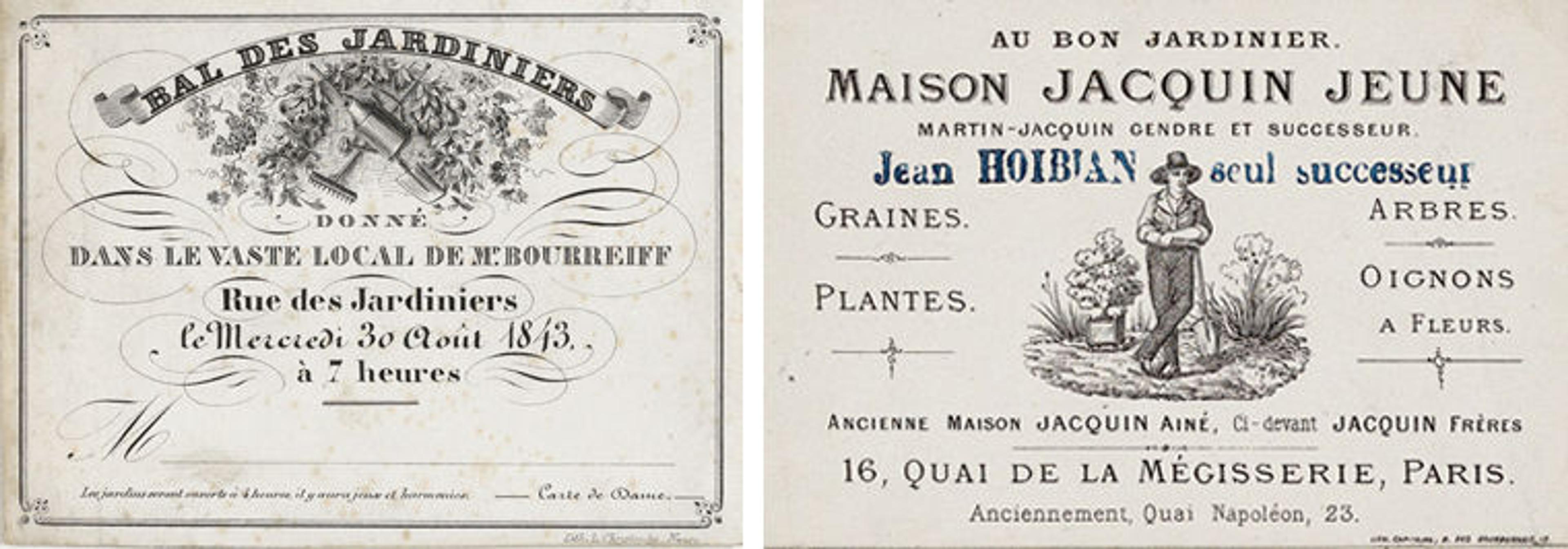 Two pieces of nineteenth-century printed ephemera: at left, an invitation to a gardeners' ball; at right, a trade card advertisement for a Parisian garden supplier