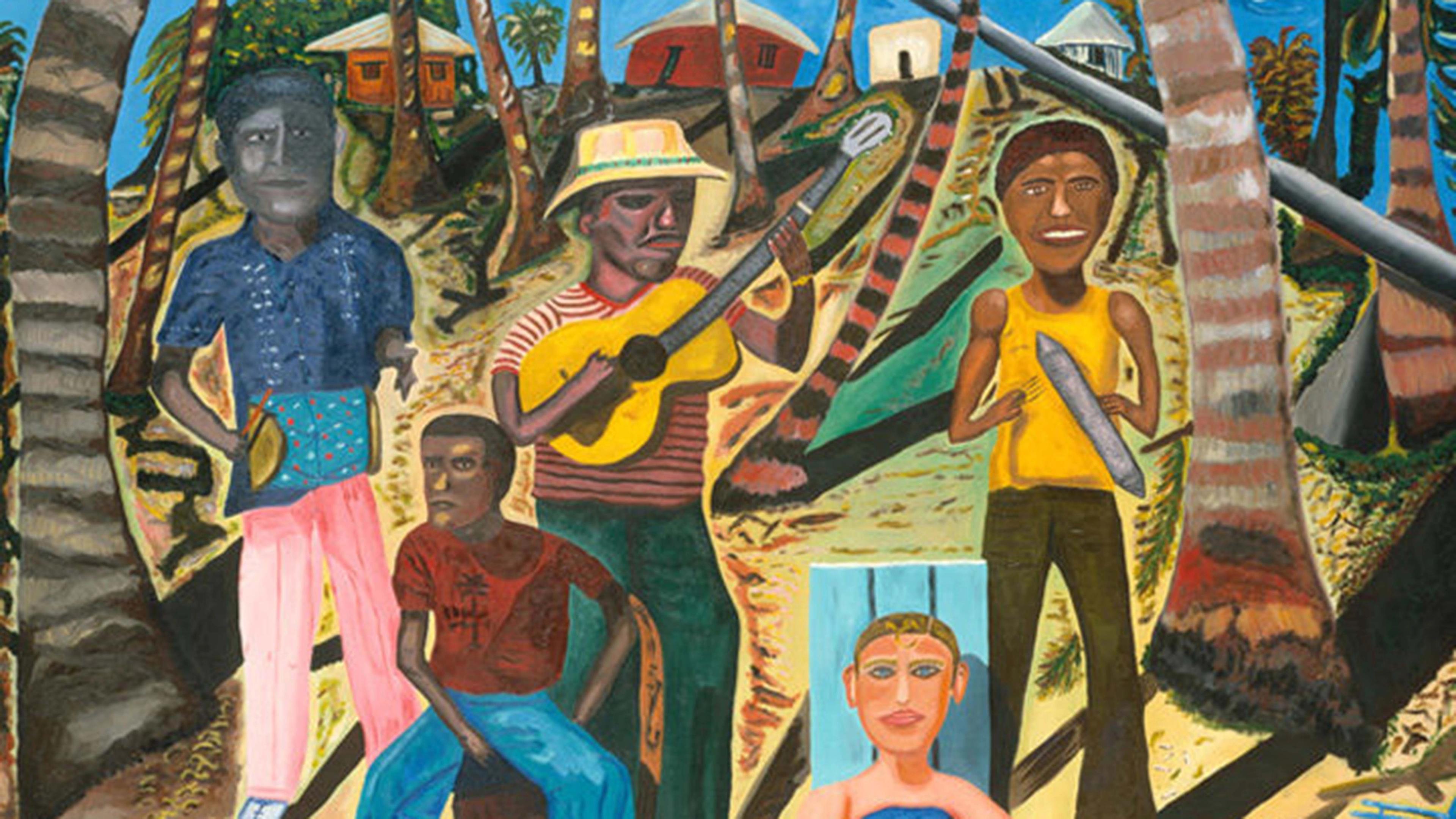 A vibrant painting depicts five people outdoors among palm trees; two play musical instruments while others pose, with colorful houses visible in the background.