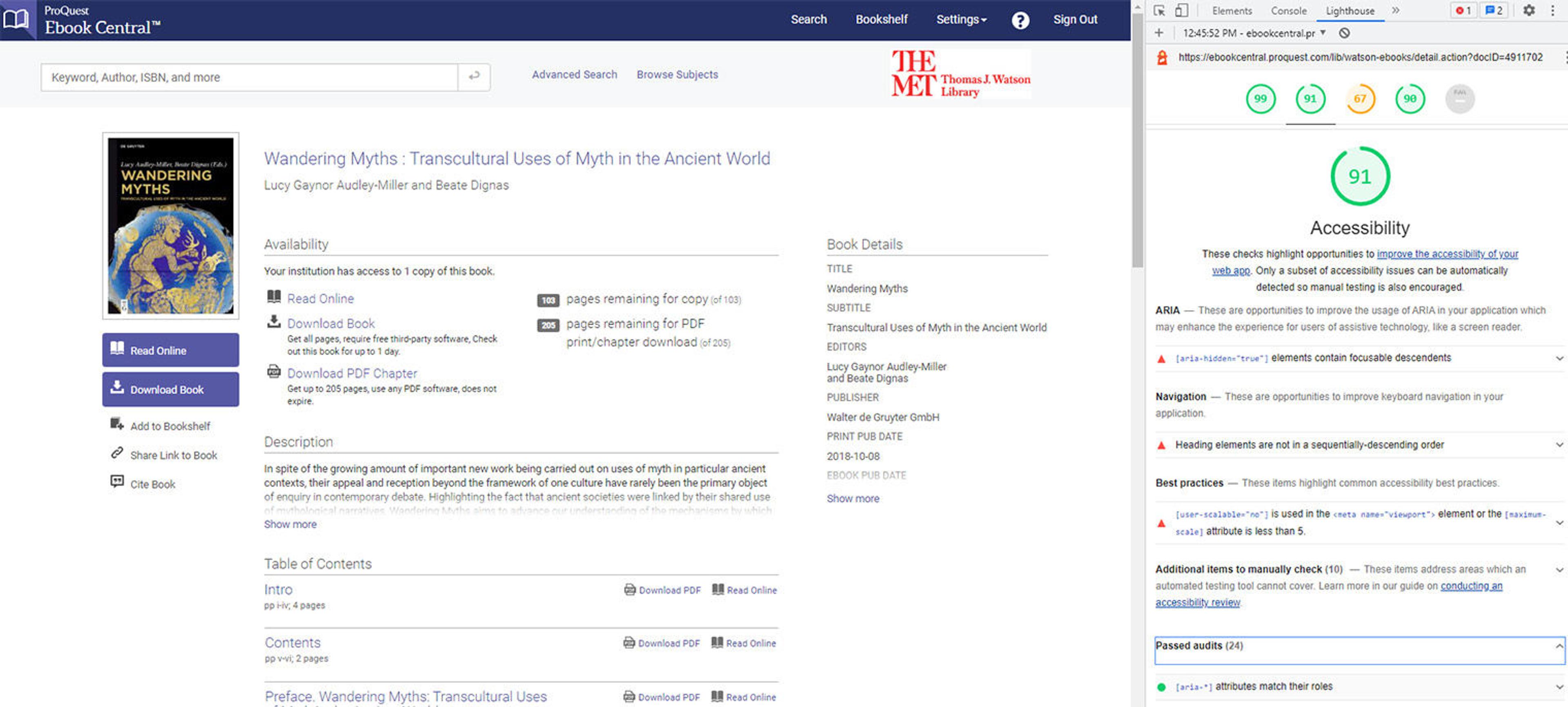 Lighthouse results display in a column at right of the webpage under analysis in Google Chrome. Icons display accessibility compliance scores across categories including, “ARIA,” “Navigation,” and “Best Practices.”