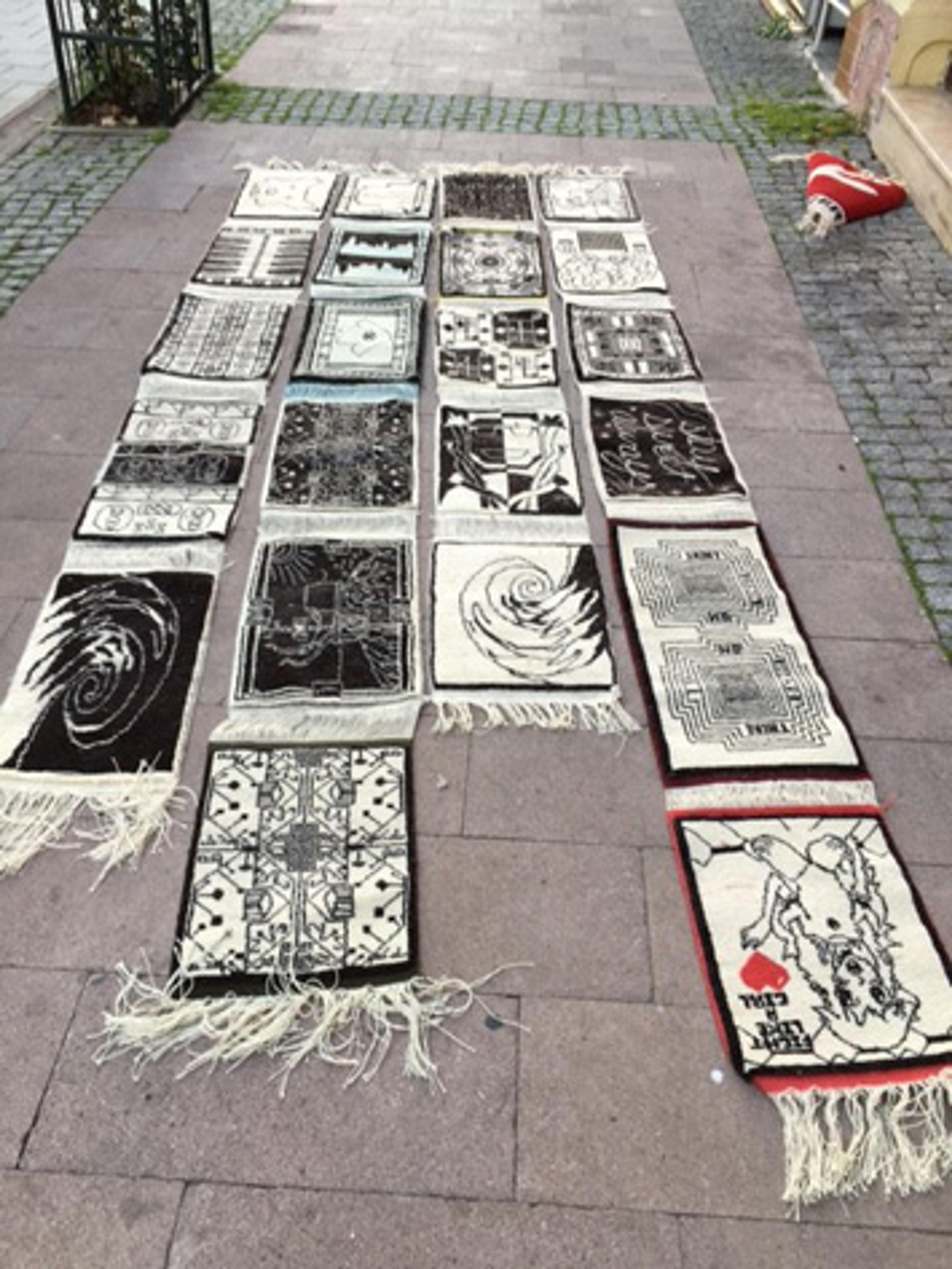 Rugs made by teens at Teens Take The Met based on Peter Hristoff's work