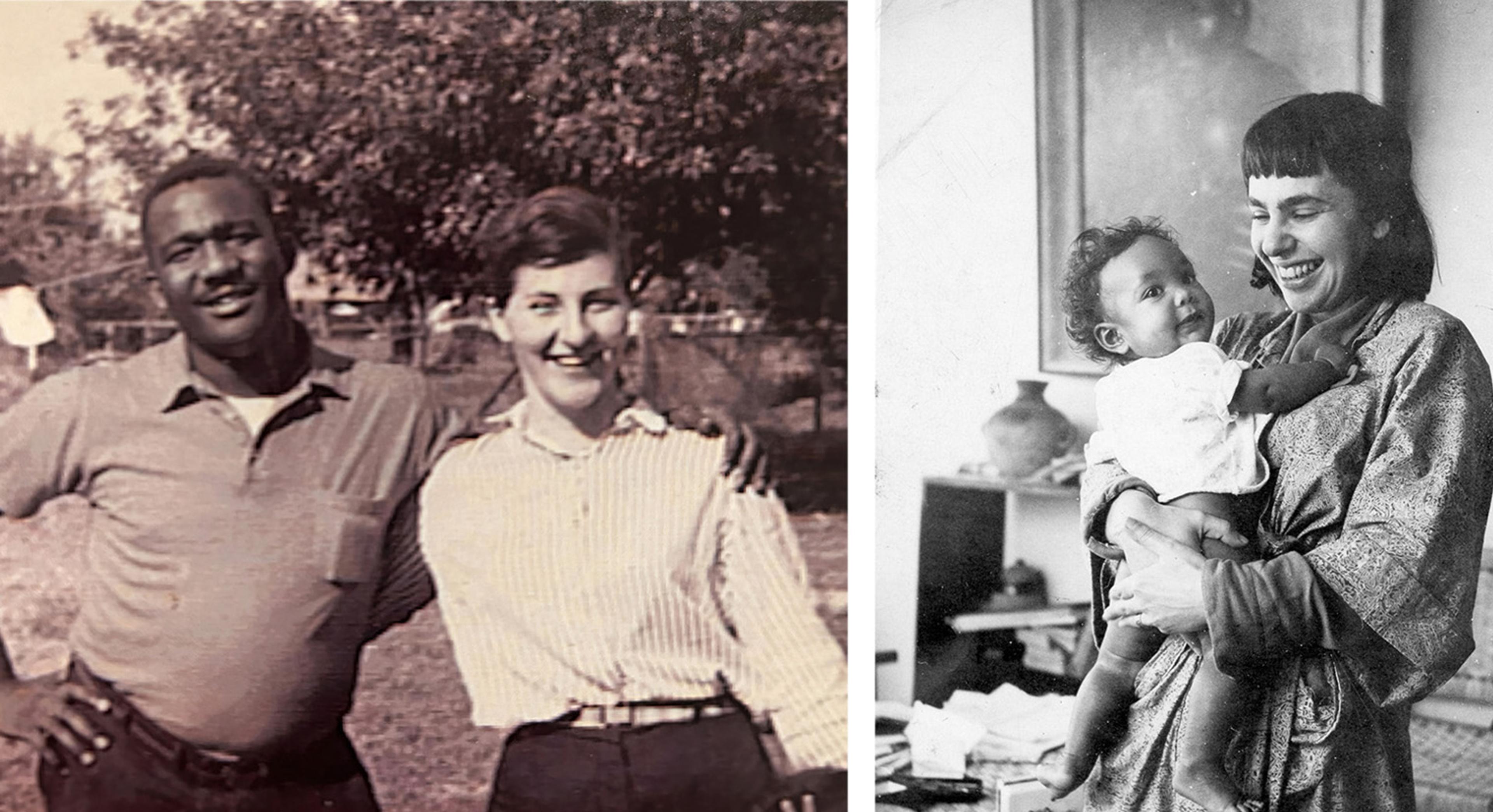 Two vintage photos side by side. Left: A smiling couple poses outdoors. Right: A woman, grinning, joyfully cradles a baby in a cozy room.