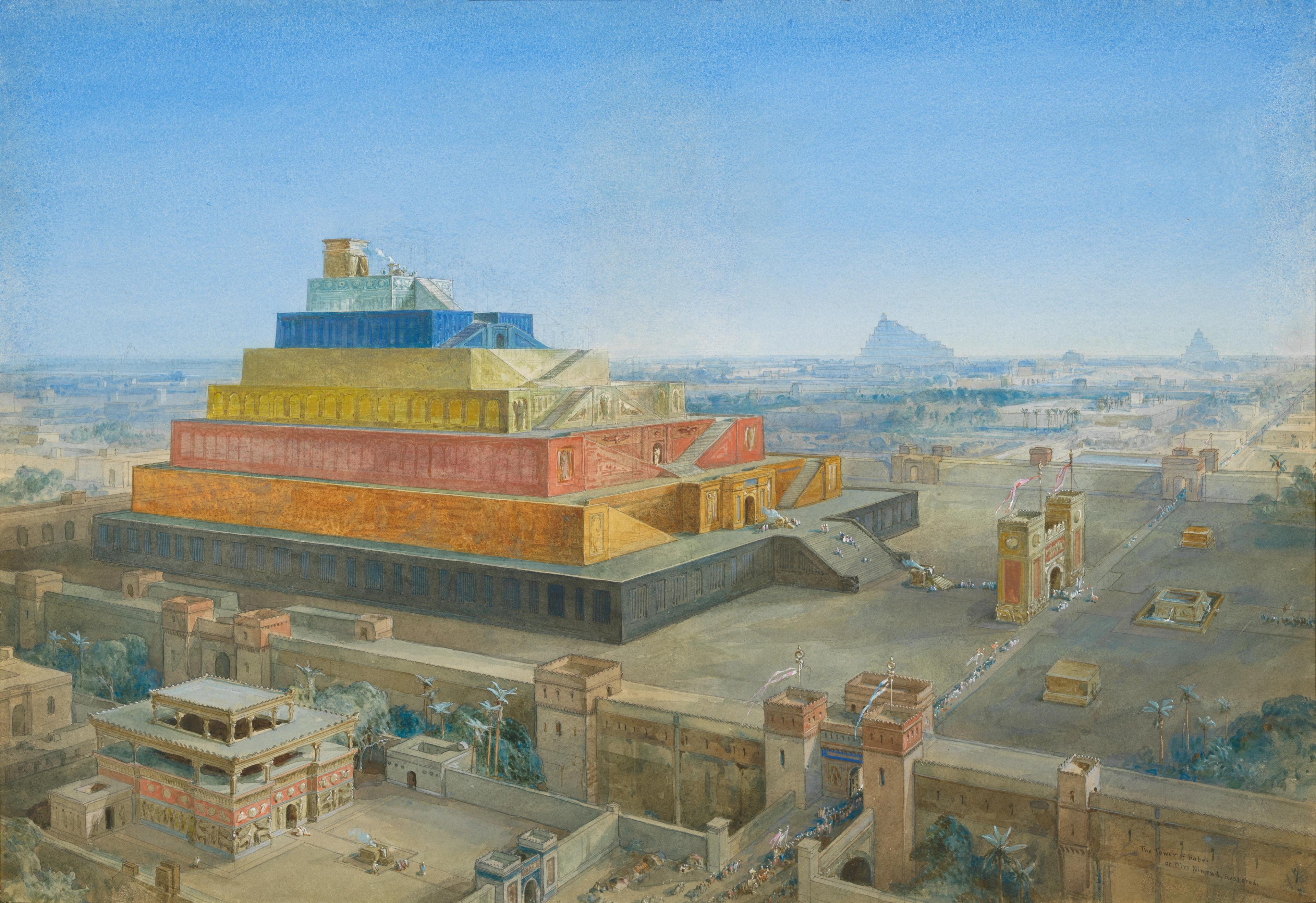 Painting of a walled settlement in a dry landscape. A massive terraced structure rises in the center, with each of its eight levels painted a different color.