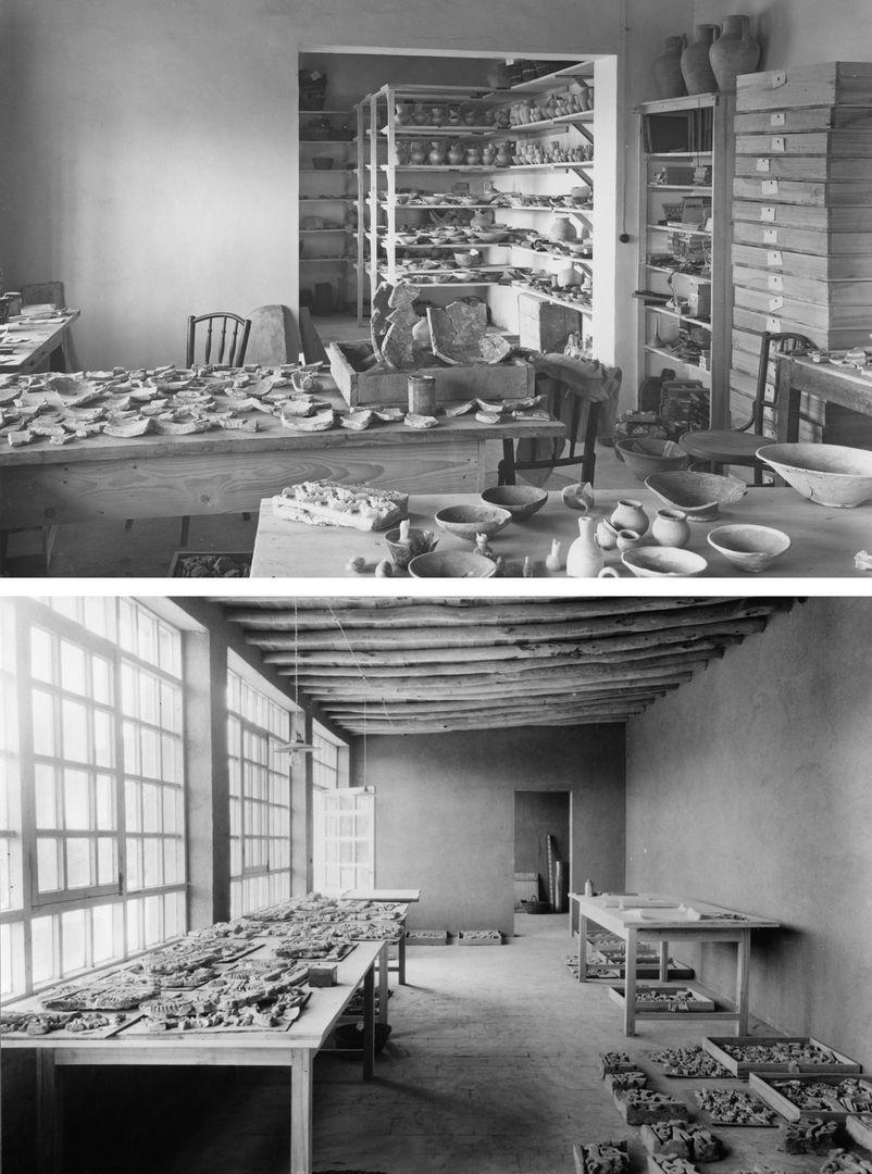 Two archival photographs of archaeological workshops at Nishapur. At top, bowls and fragments are arranged on tables and tall shelves. At bottom, artifacts are arranged on tables and on the floor.