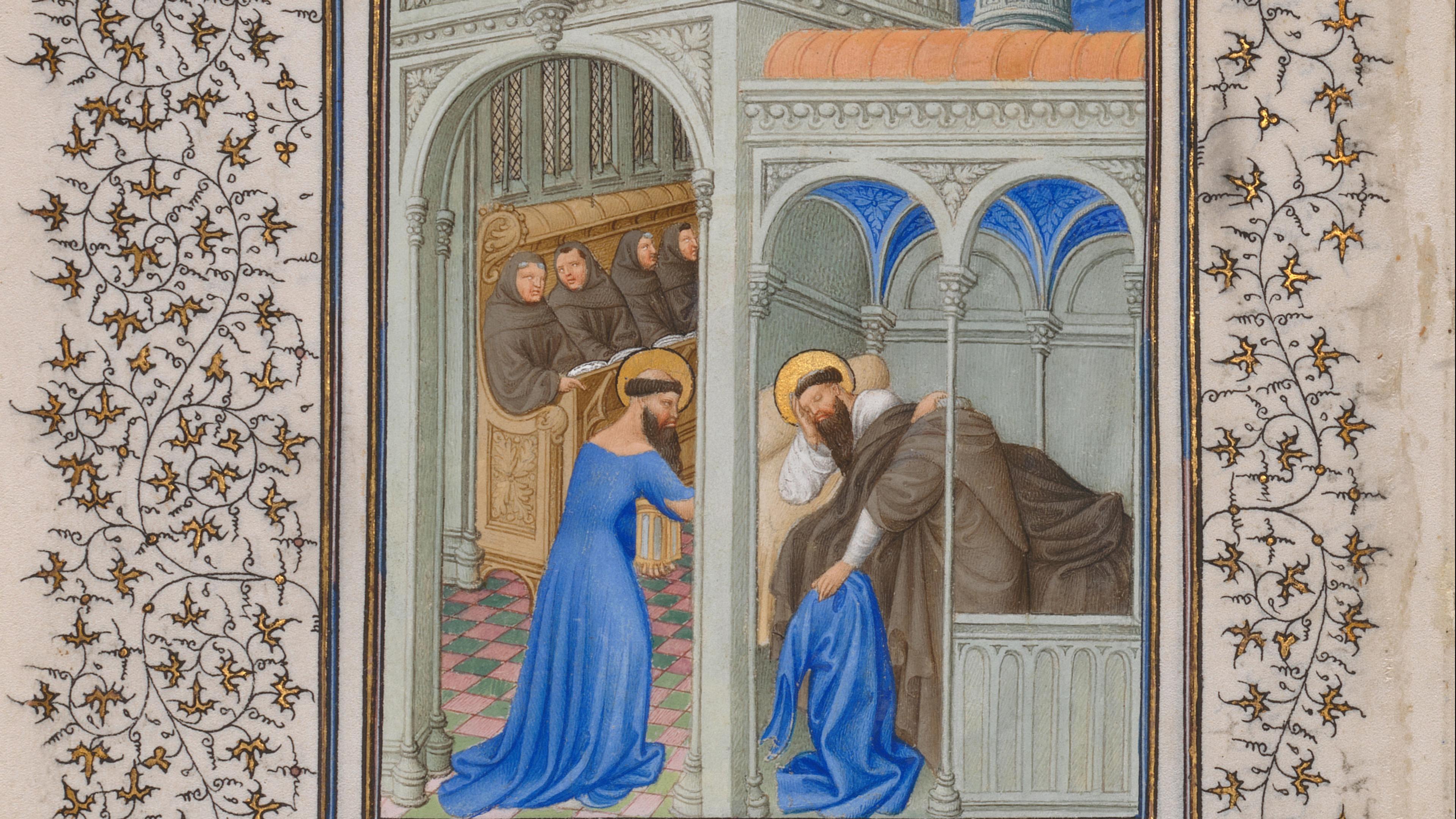 manuscript painting showing a man with a halo in a blue dress with monks in brown habits in the background and to the right the figure of a man with a halo sleeping and a concealed figure holding a blue dress