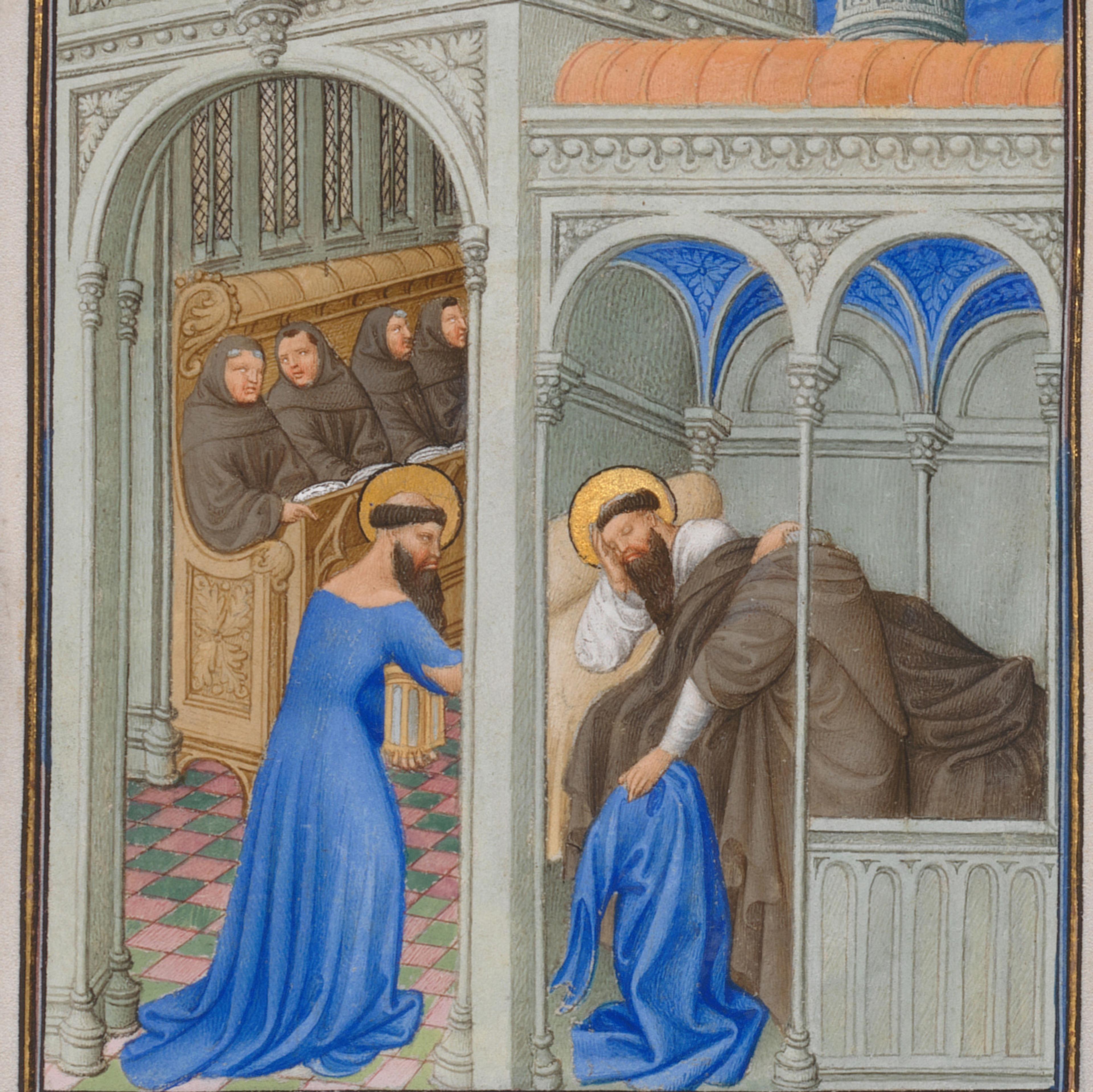 manuscript painting showing a man with a halo in a blue dress with monks in brown habits in the background and to the right the figure of a man with a halo sleeping and a concealed figure holding a blue dress