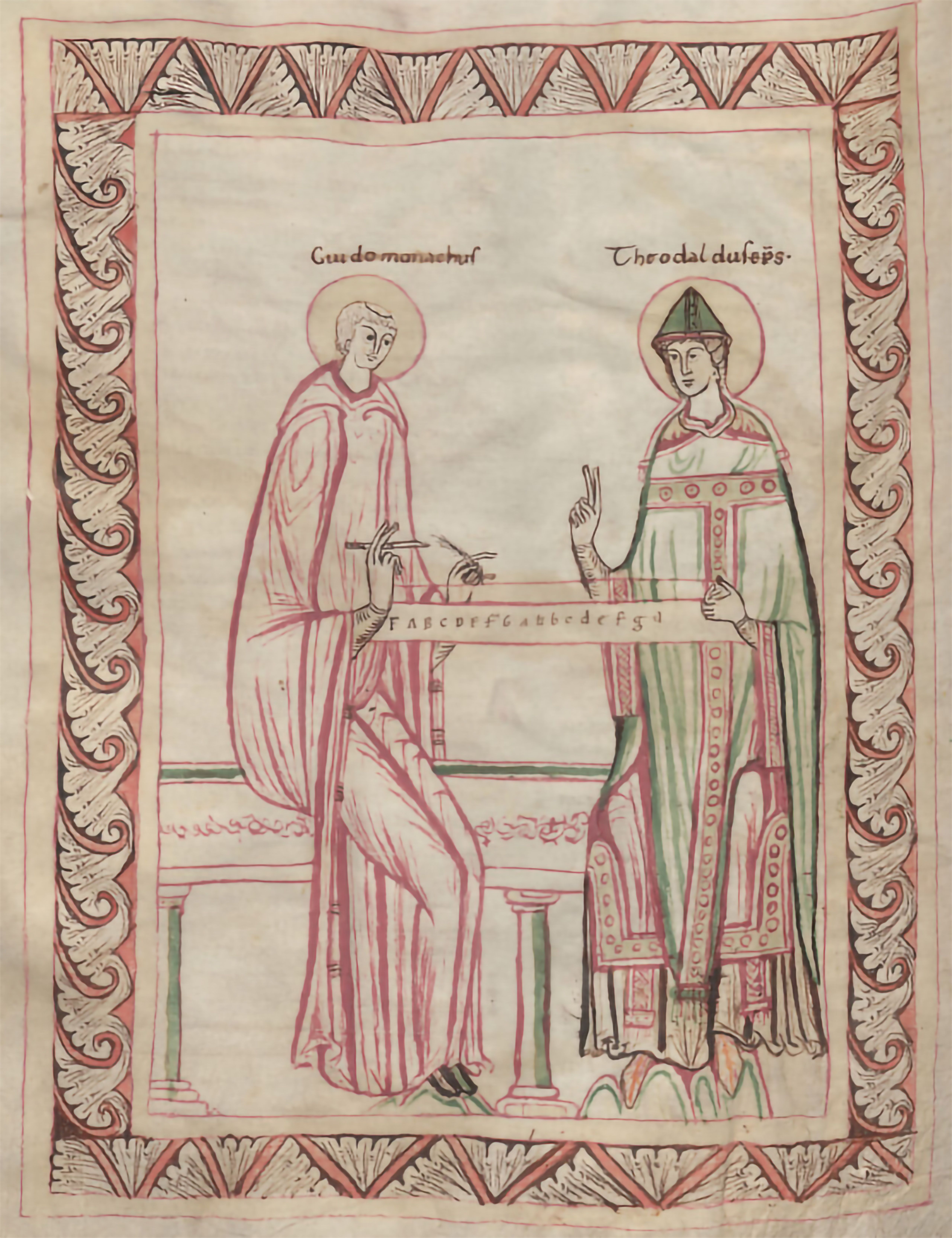 Illustration of two robed figures around a table displaying musical letters, framed by a decorative border.
