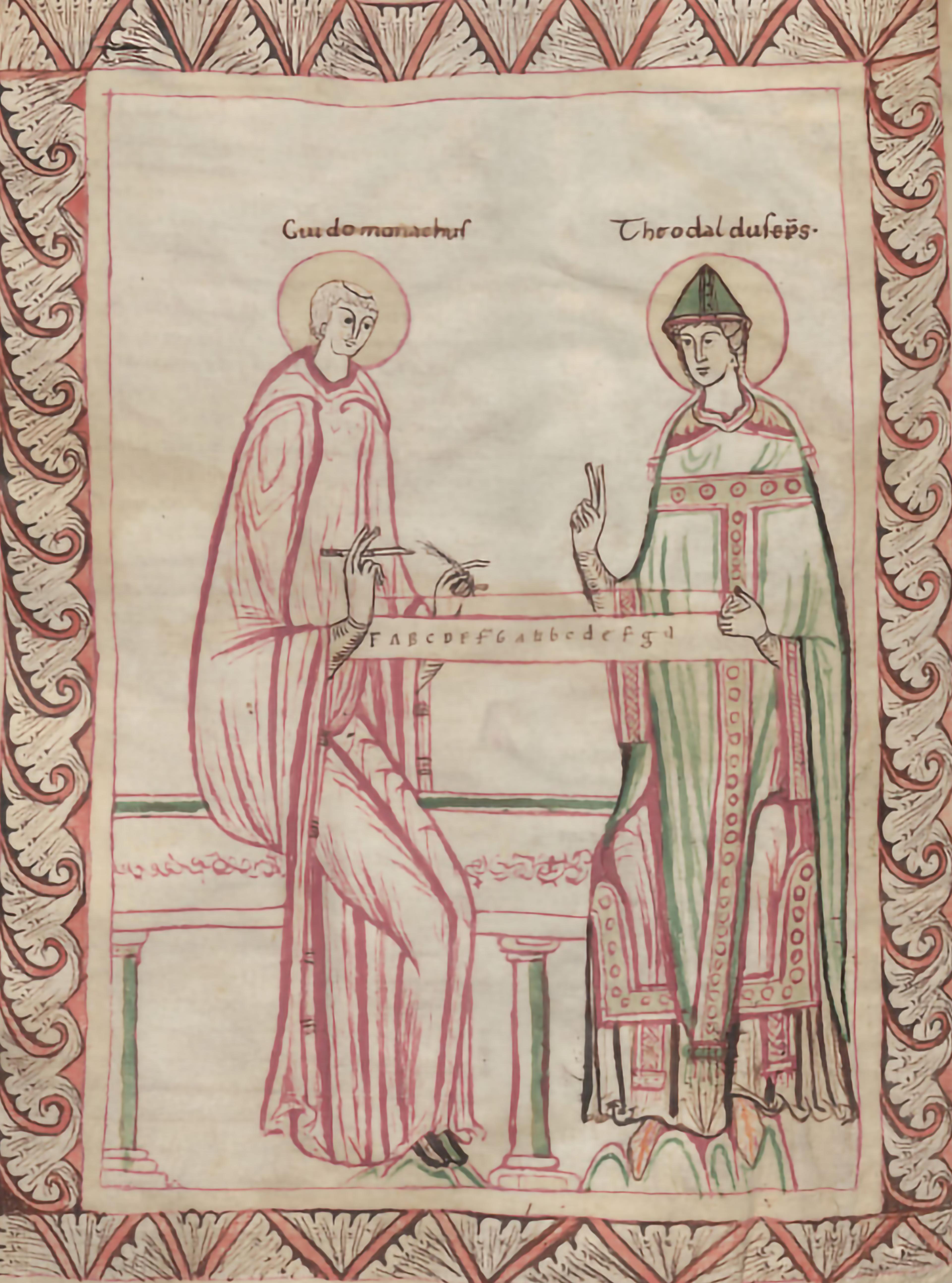 Illustration of two robed figures around a table displaying musical letters, framed by a decorative border.