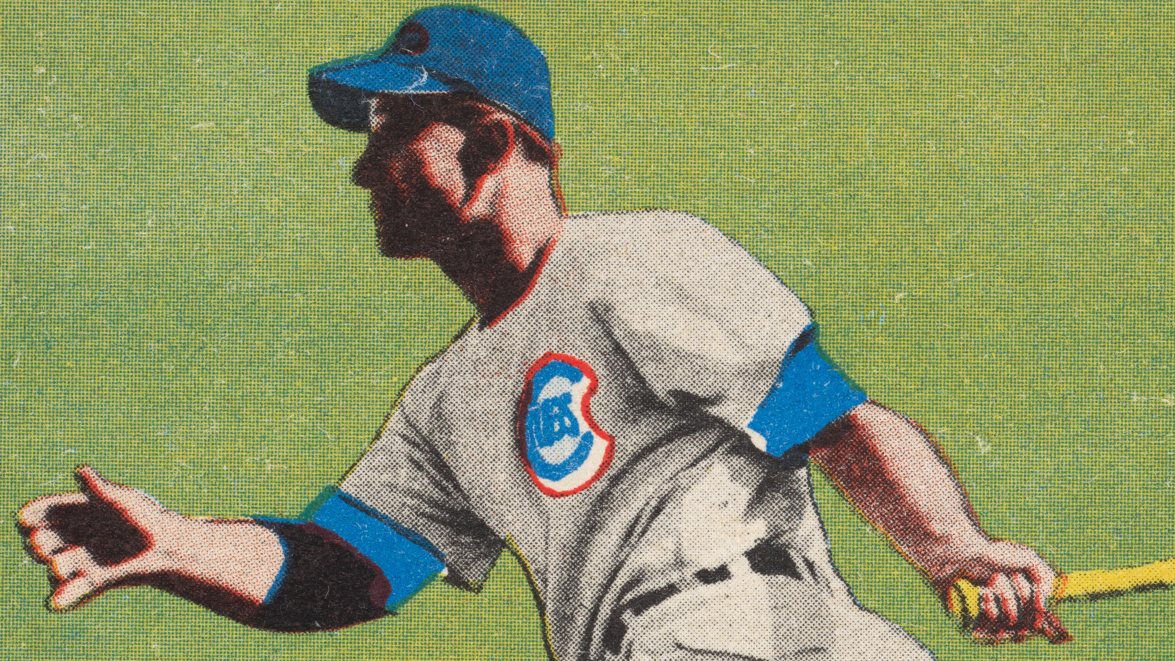 Drawing of American Baseball player wearing a grey and blue Cubs uniform, with a yellow bat in hand.