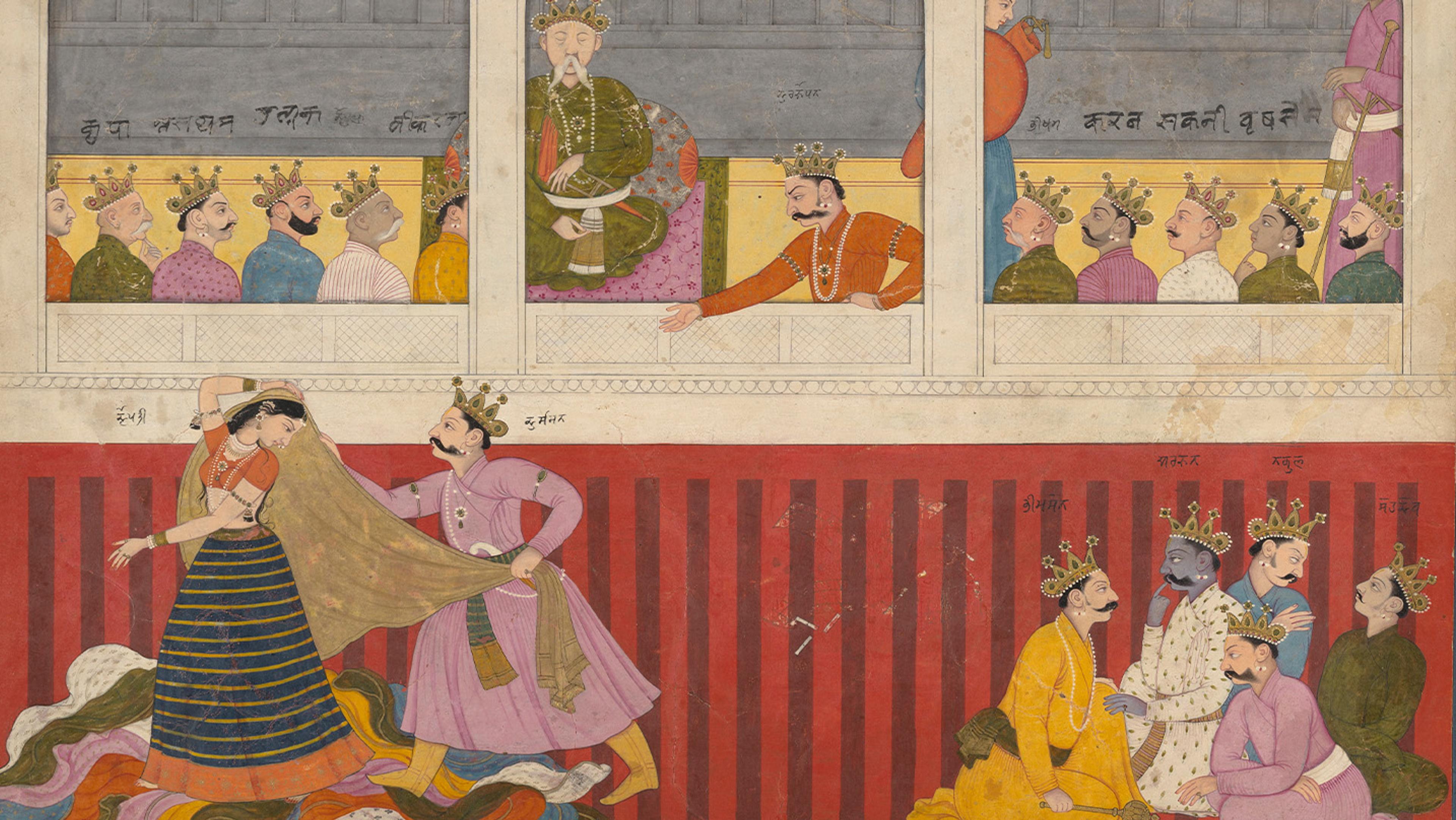 This is a detailed miniature painting depicting two main scenes separated by ornate columns. the upper half shows a royal gathering with men in vibrant robes sitting in a palace setting. the lower half illustrates a dramatic mythological scene with figures, some in combat and others observing.