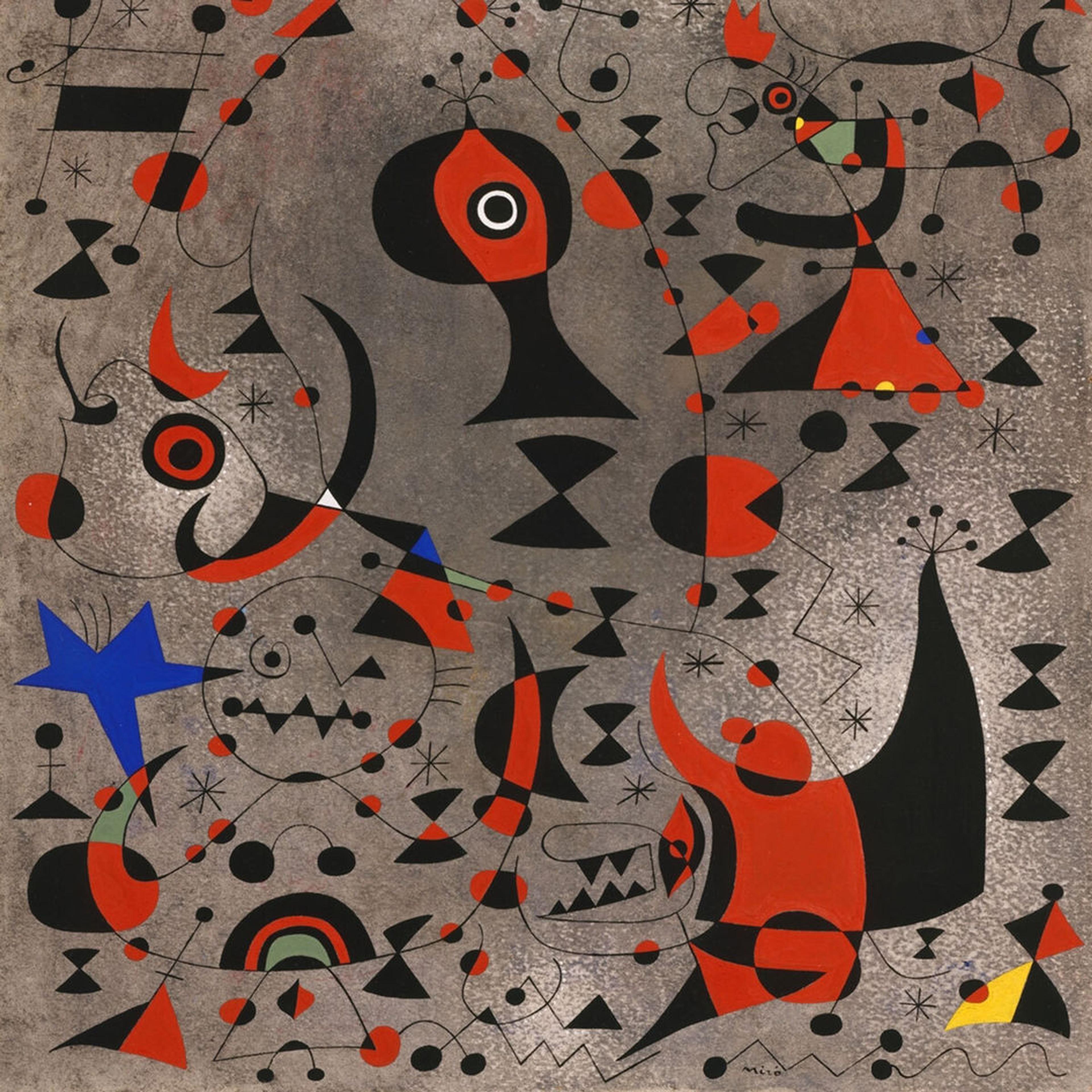 A painting made of gouache and oil wash on paper titled "Constellation: Toward the Rainbow" by artist Joan Miró