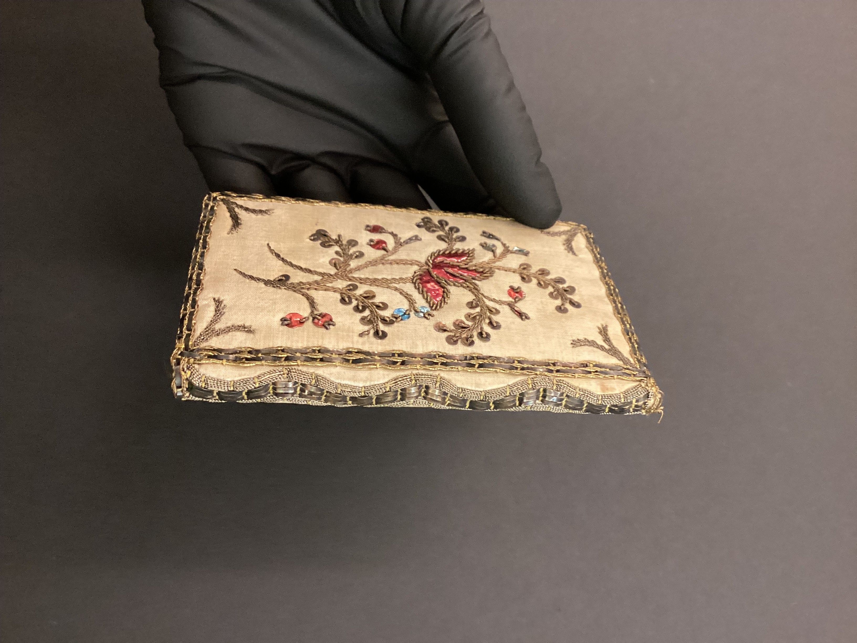 Gloved hand holding small book