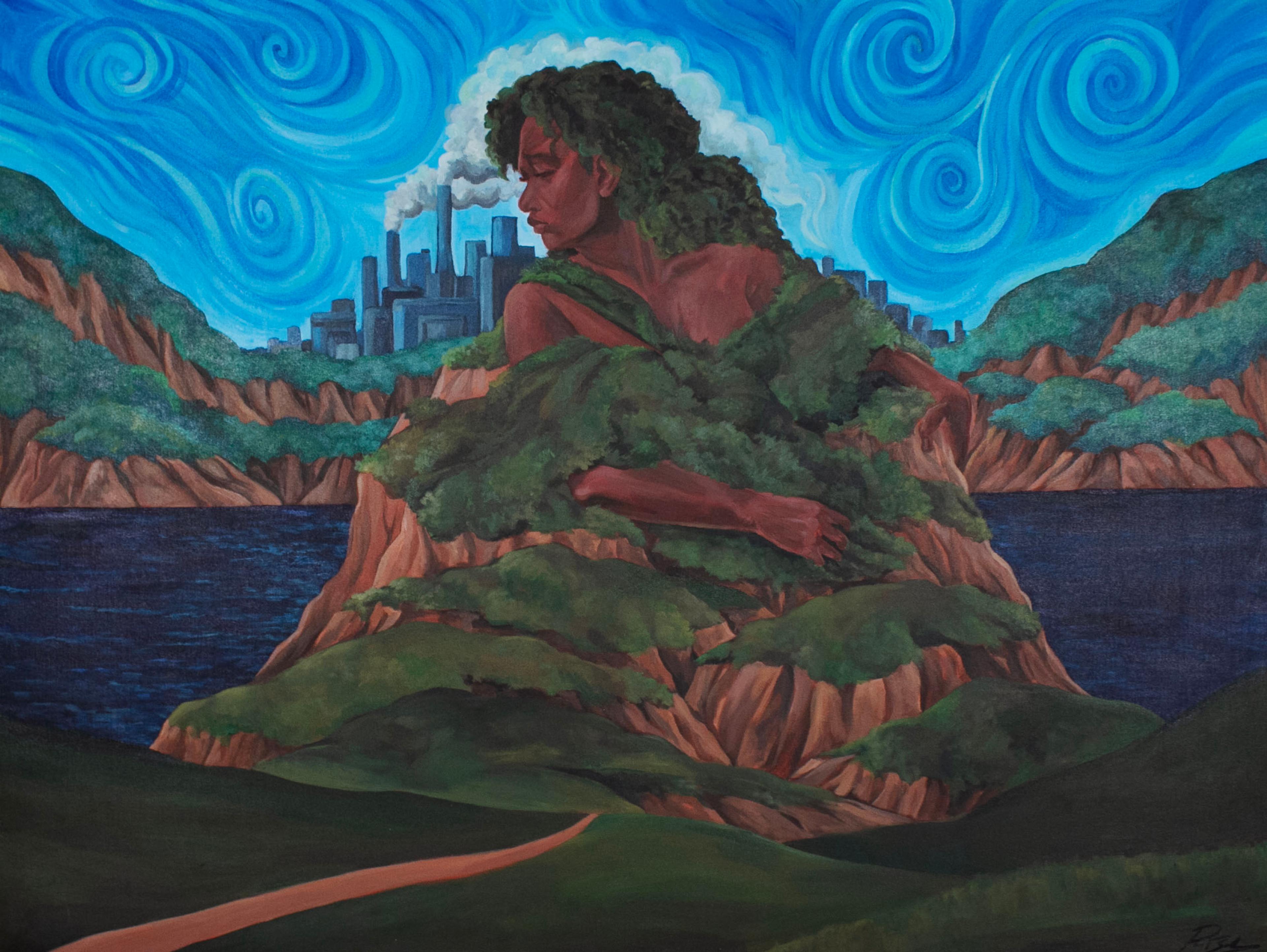 Acrylic-on-canvas painting of a Black woman facing left, depicted as a hybrid figure emerging atop a brown island covered in green foliage, sitting in a blue lake. The woman's long curly hair is green, and blends in with the green foliage of the island from which her head, shoulders, and wrists emerge. In the distant background, a mountainous landscape of brown hills and green foliage rise above the end of the blue lake. On the horizon, blue factory smokestacks spew gray smoke in the air directly behind the woman's head. The sky above is painted in blue circular swirls, reminiscent of the style of Vincent van Gogh.