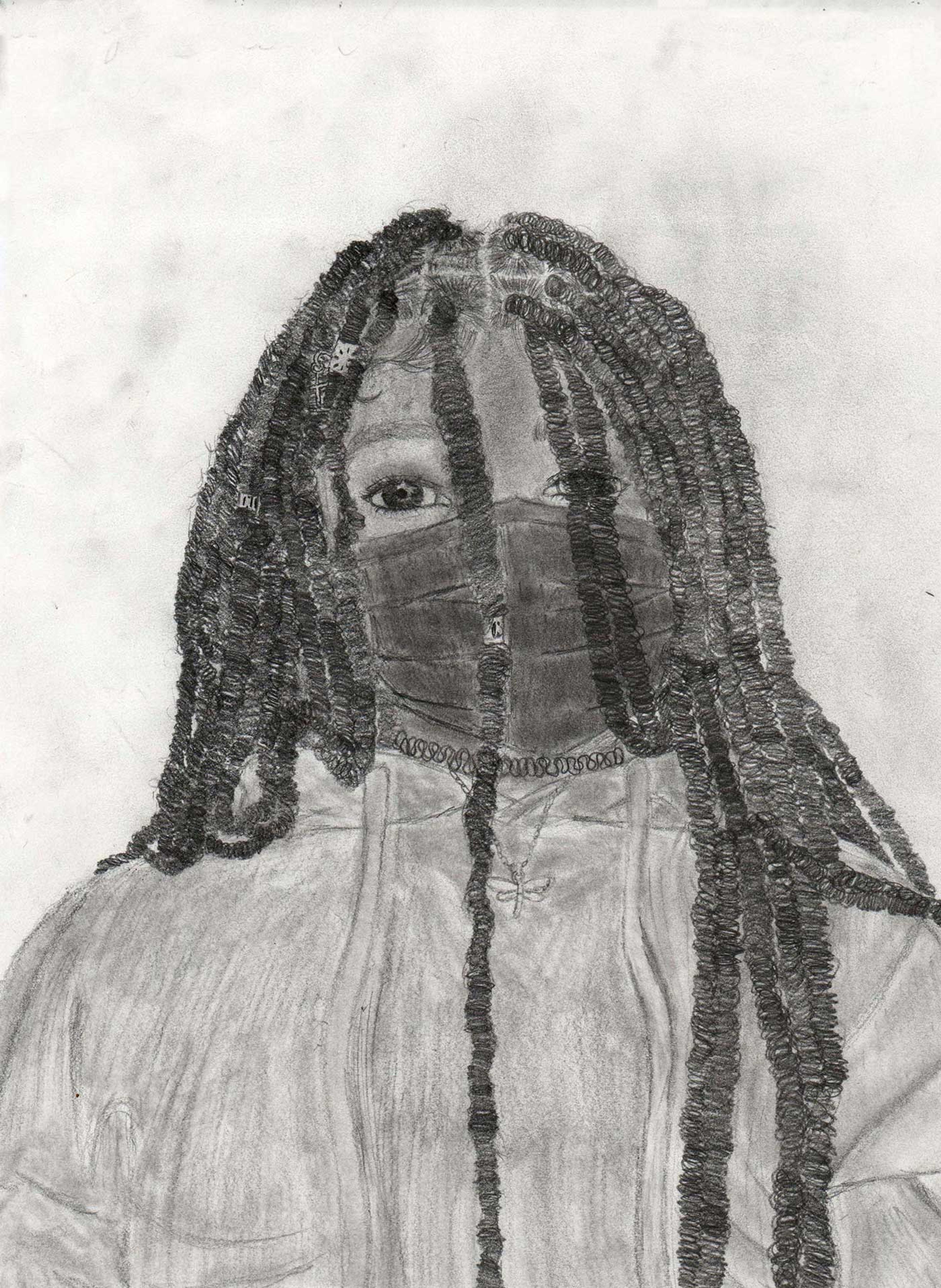 Pencil drawing of a girl wearing a mask with hair falling in front of her face.