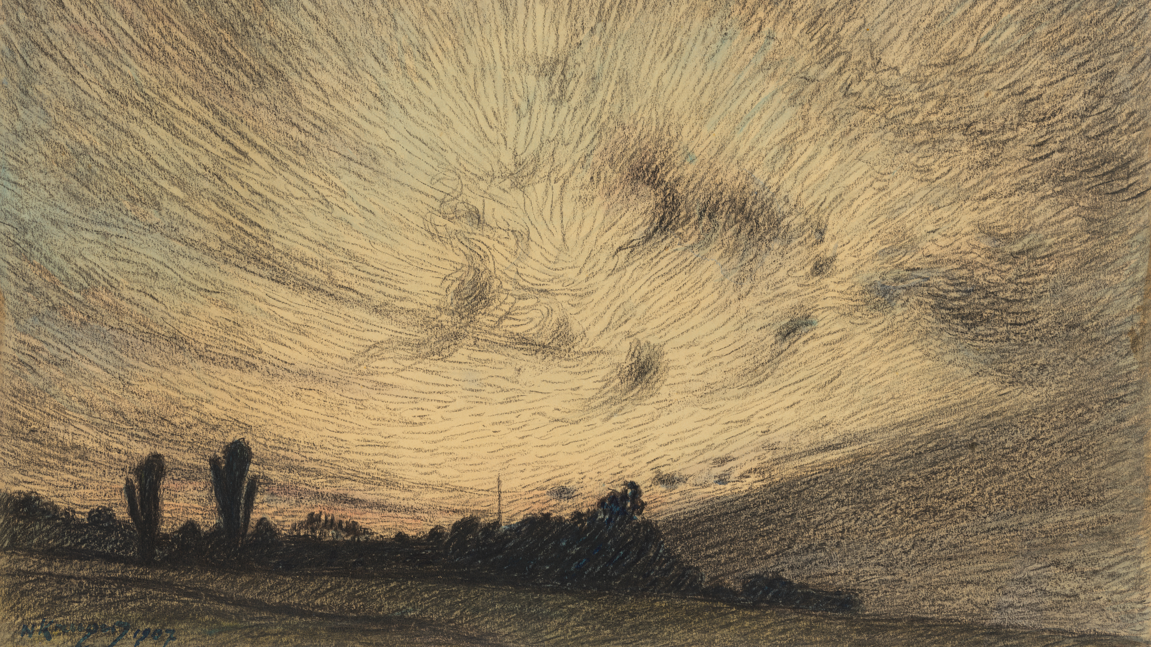 A sketched landscape shows a dramatic sky filled with swirling clouds at sunrise or sunset, above a silhouette of trees and flat terrain.