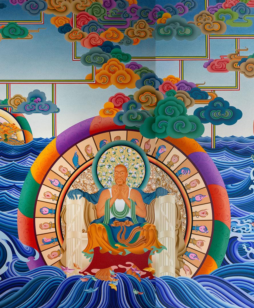 Colorful swirls and waves with a circle outlining with different sign language hands with George Floyd in the center.