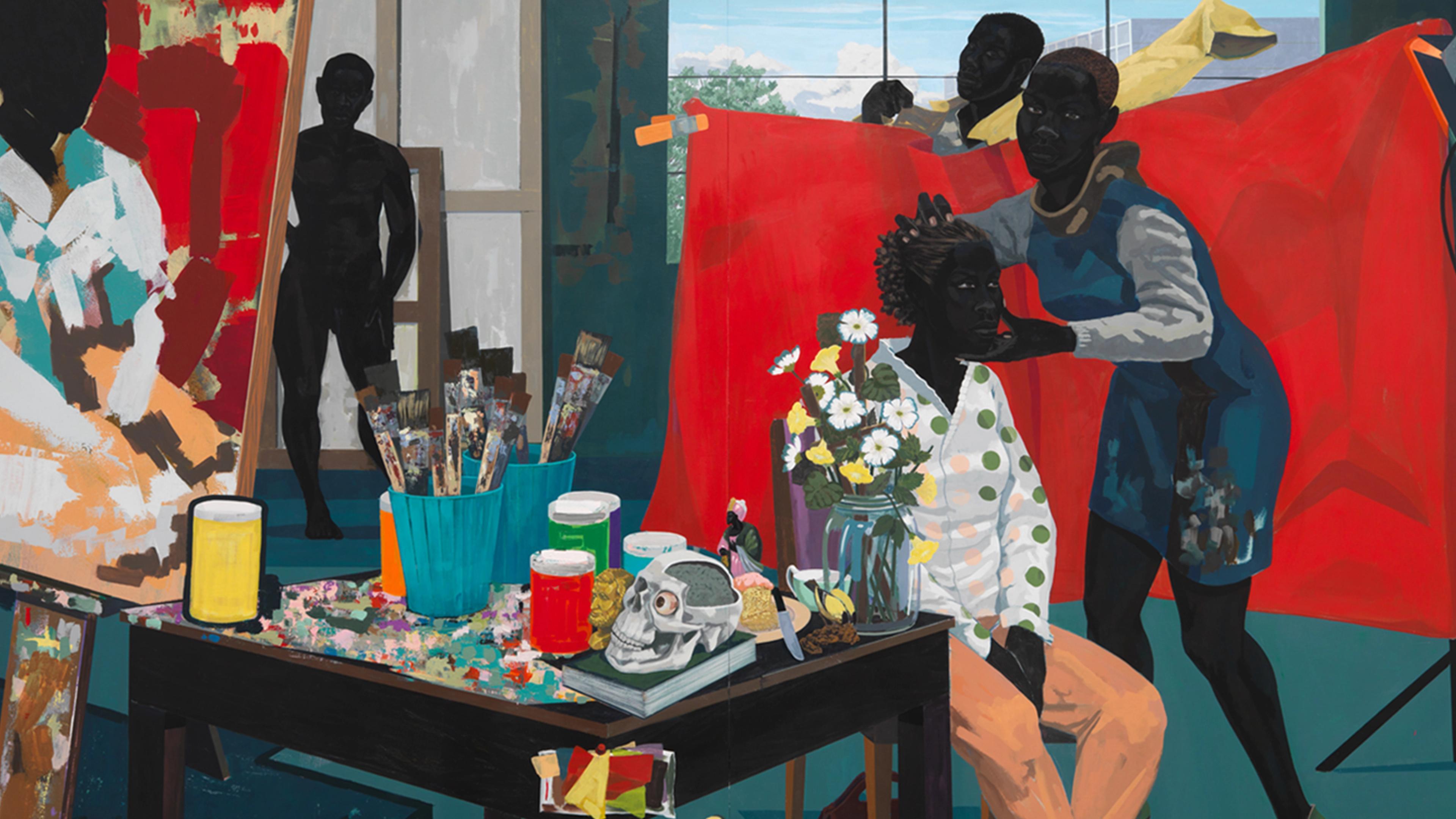 A vibrant art studio scene with figures and bright colors. Foreground has a table with art supplies and flowers.