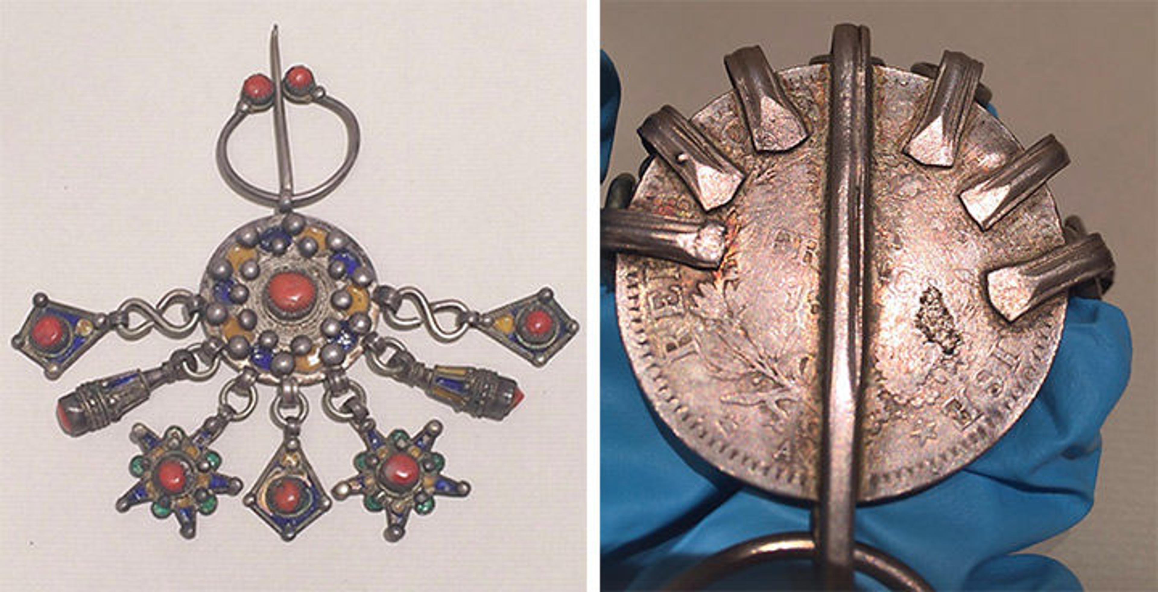 Left: Silver fibulae with enamel and coral. Right: The back is a French coin