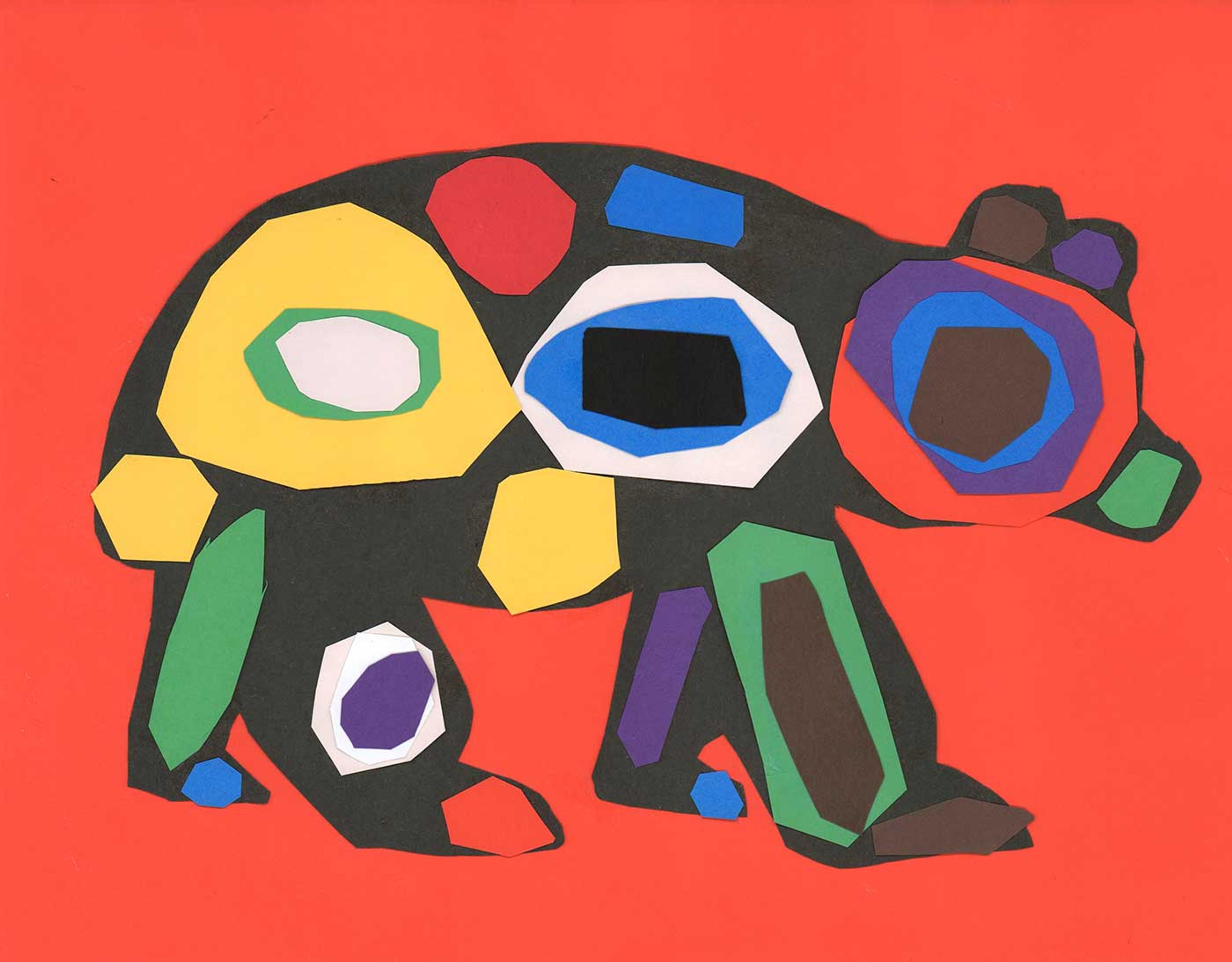 Silhouette of a bear decorated with patterns on an orange background.