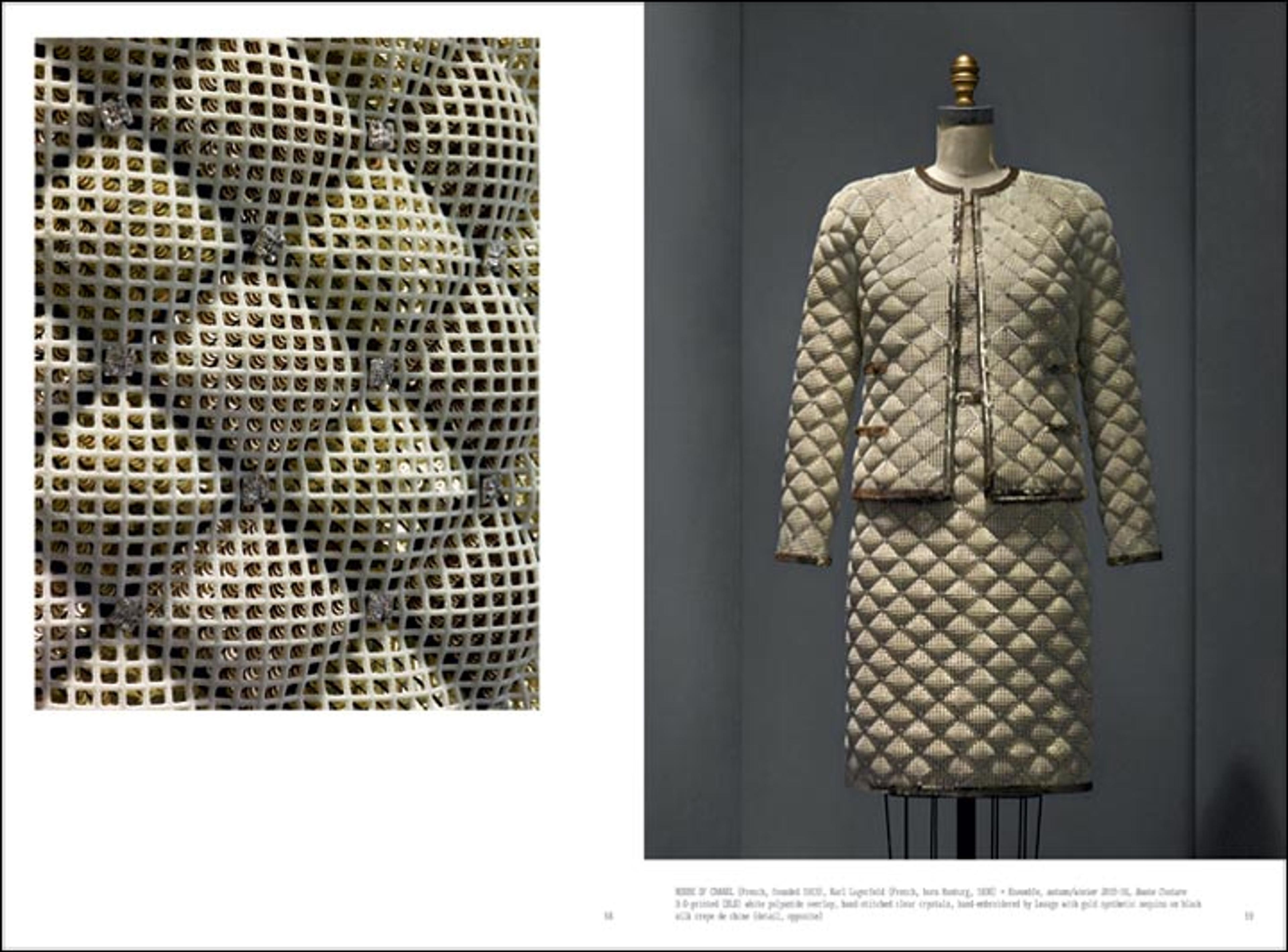 Spread from the publication with a 3D-printed Chanel suit and a detail showing the sequin pattern underneath