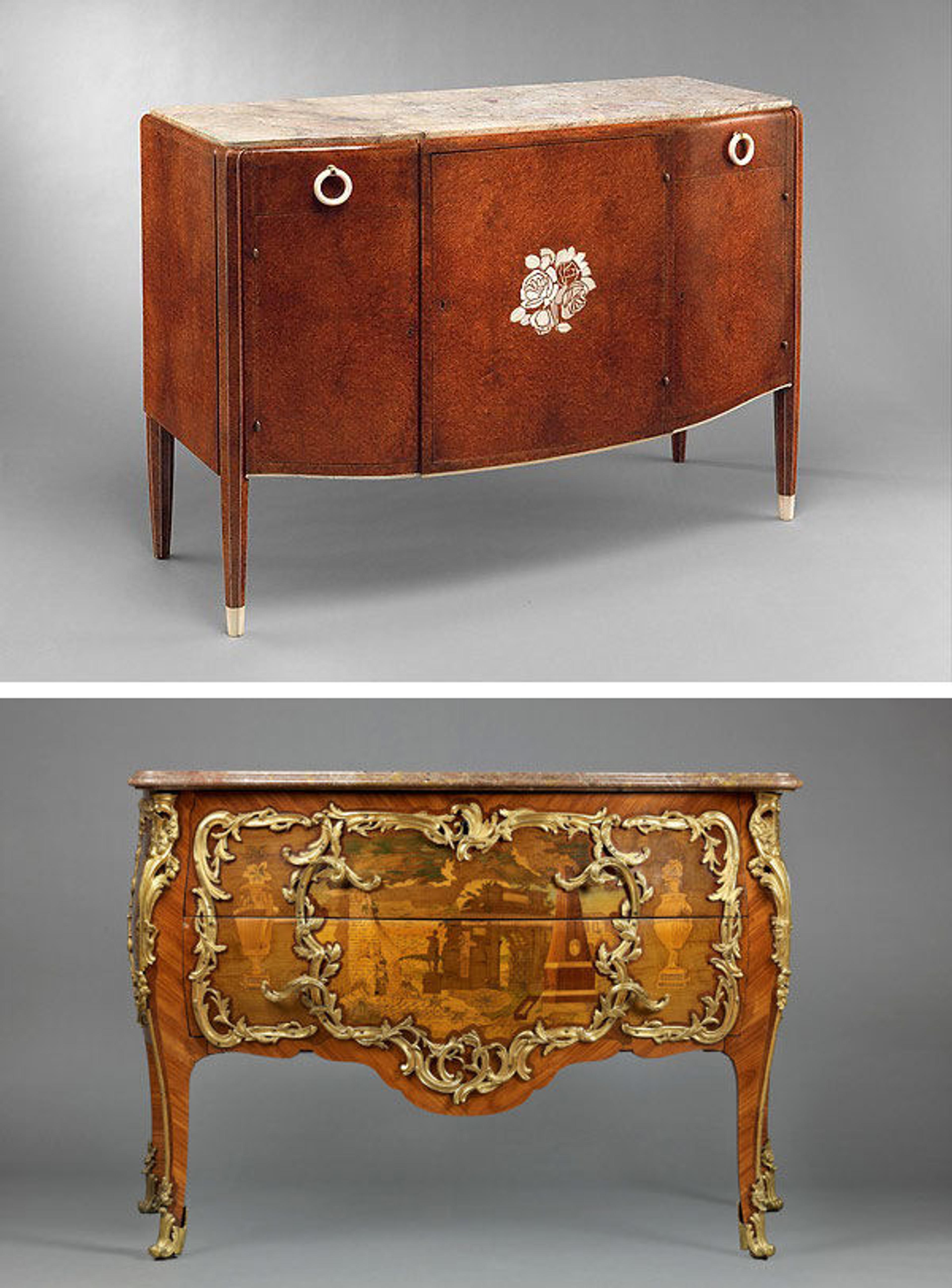 French Art Deco aimed to continue the tradition of craftsmanship during the ancien régime. Compare and contrast the following objects: the object on top is French Art Deco, and the bottom piece was created during the ancien régime. Left: Jules Leleu (French, 1883–1961). Commode, 1925. Amboyna wood, ivory, marble, brass; H. 35, L. 49 1/4, D. 18 1/2 in. The Metropolitan Museum of Art, New York, Gift of Agnes Miles Carpenter, 1946 (46.93). Right: Attributed to Léonard Boudin (French, 1735–1807) and Pierre-Antoine Foullet (French, 1746–1809). Commode, ca. 1765–70. Oak and pine veneered with stained maple, tulipwood, amaranth, and holly stringing, with marquetry of stained, shaded, and engraved maple, mahogany, amaranth, barberry and other marquetry woods; gilt-bronze mounts; marble top; brass rollers; H. 87 cm, W. 128.3 cm, D. 62.2 cm. The Metropolitan Museum of Art, New York, Robert Lehman Collection, 1975 (1975.1.2033)
